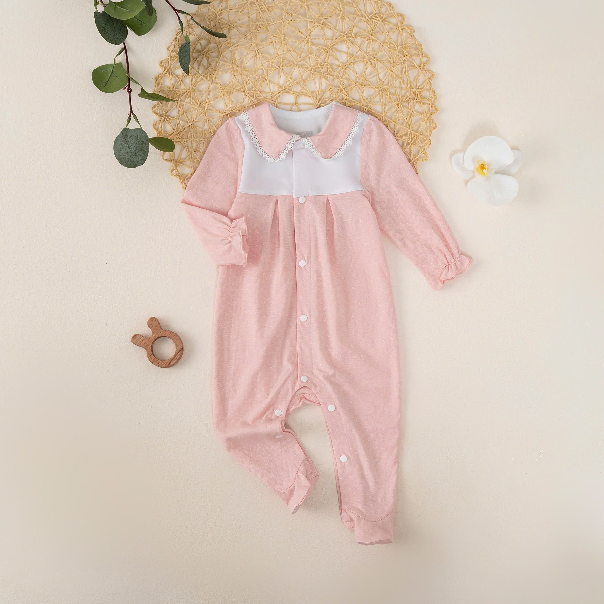 Body dài tay ren cổ BG (0-6M) Hồng