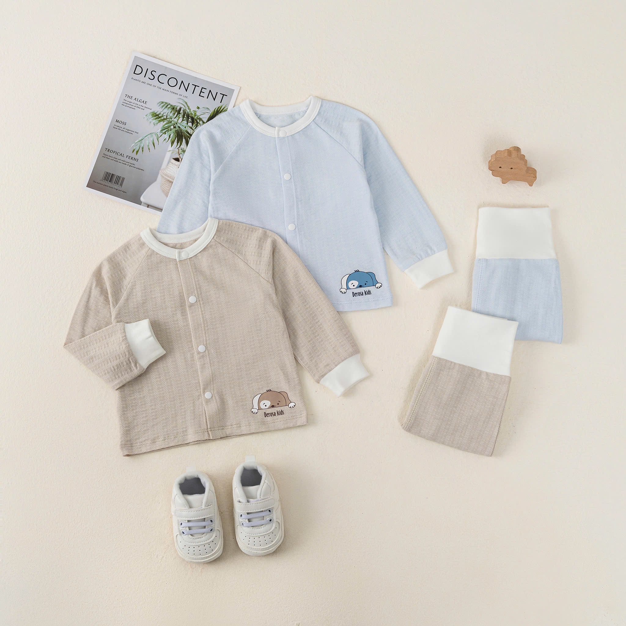 Bộ SS cài giữa dài tay kẻ (0-6M) Nâu