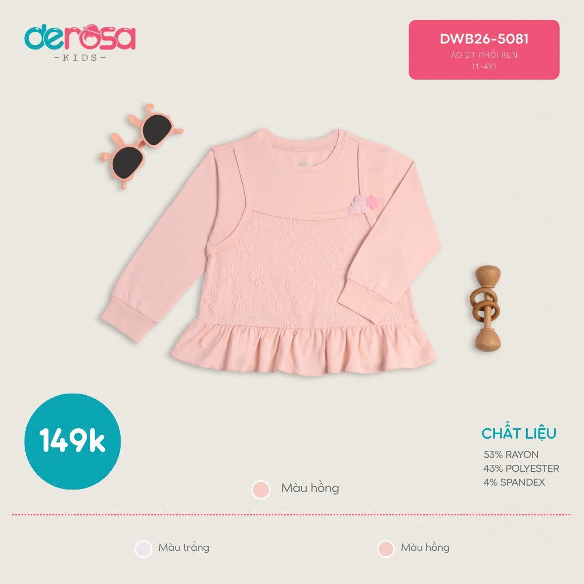ÁO DT PHỐI REN (1-4Y) - HỒNG