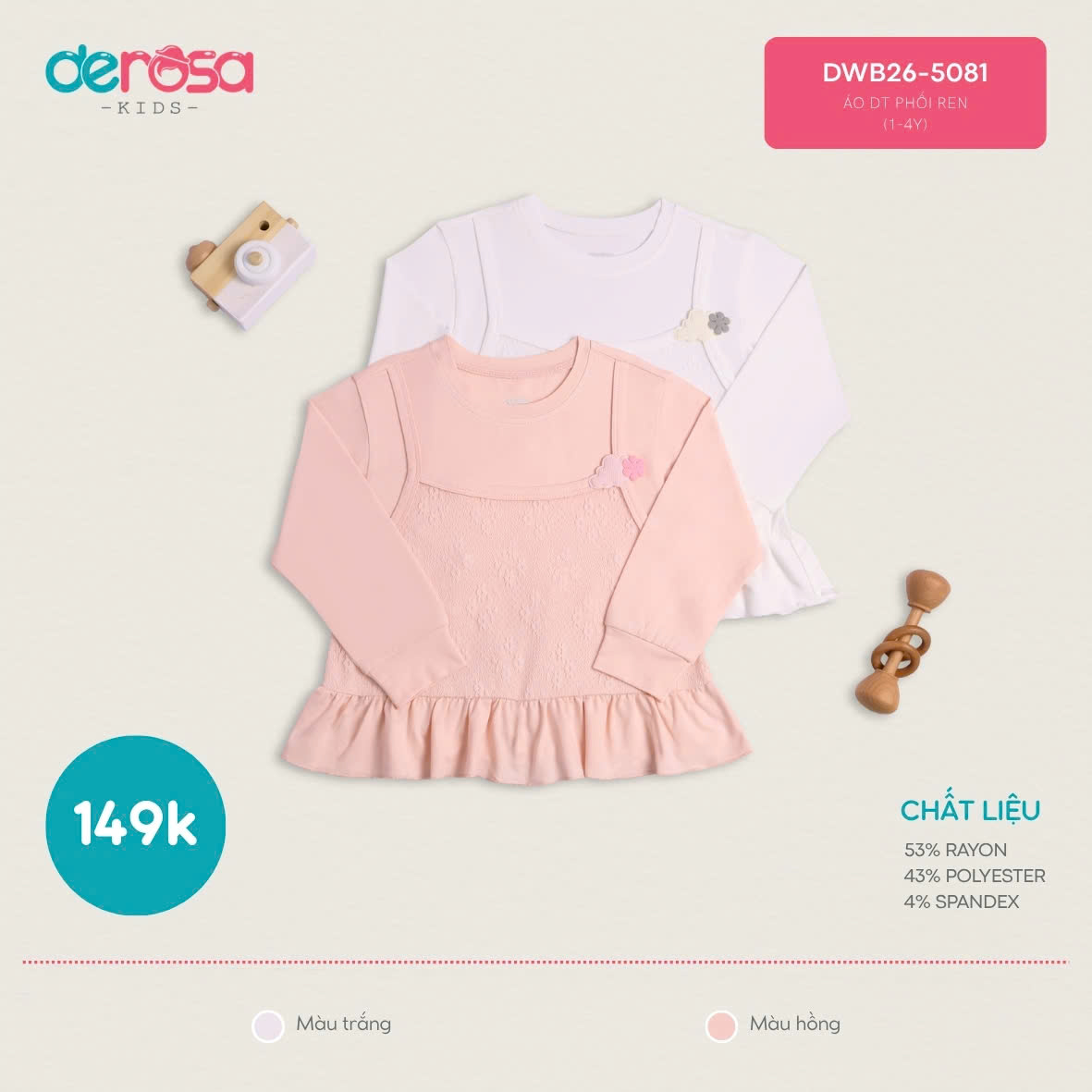 ÁO DT PHỐI REN (1-4Y) - HỒNG