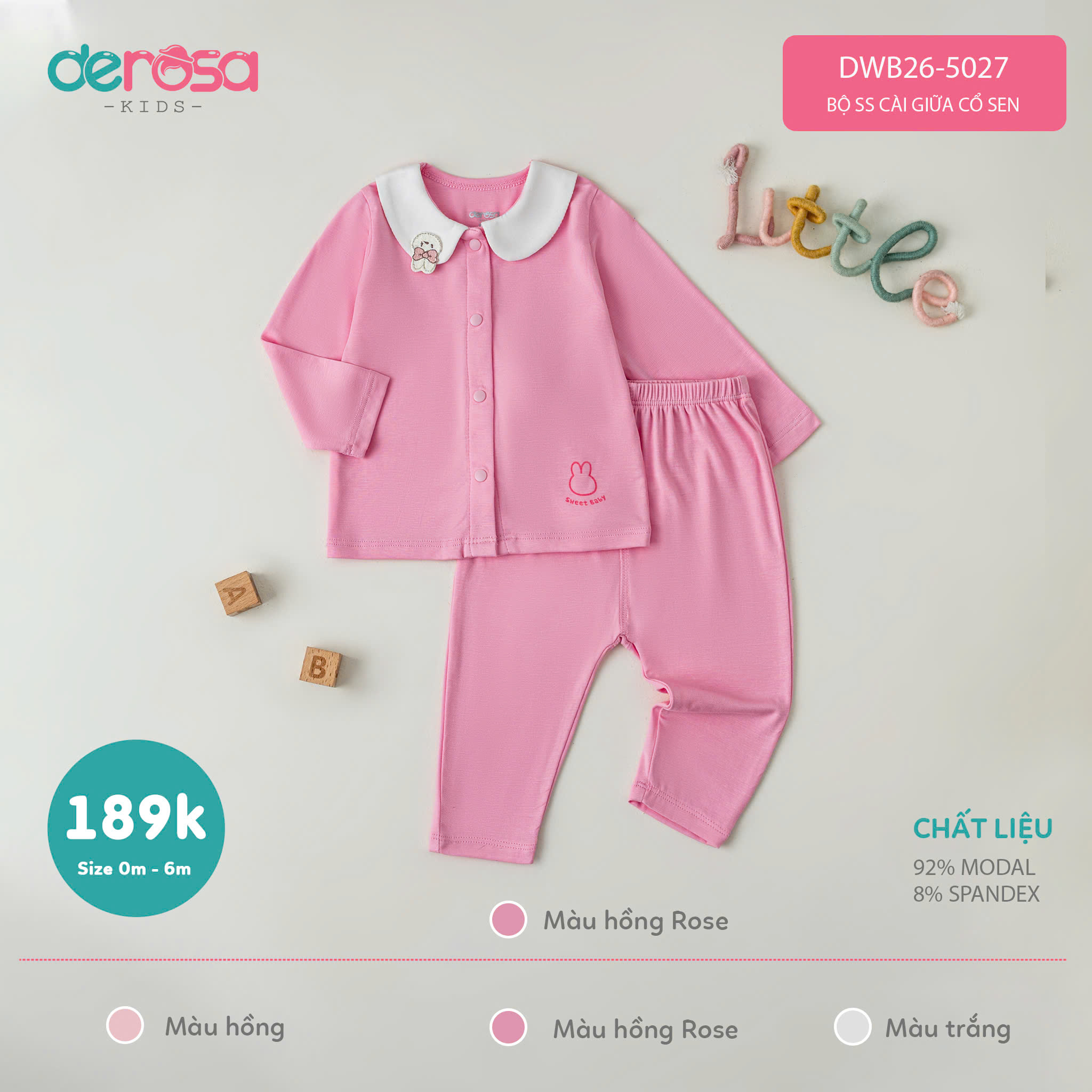 BỘ SS CÀI GIỮA CỔ SEN (0-6M) - HỒNG