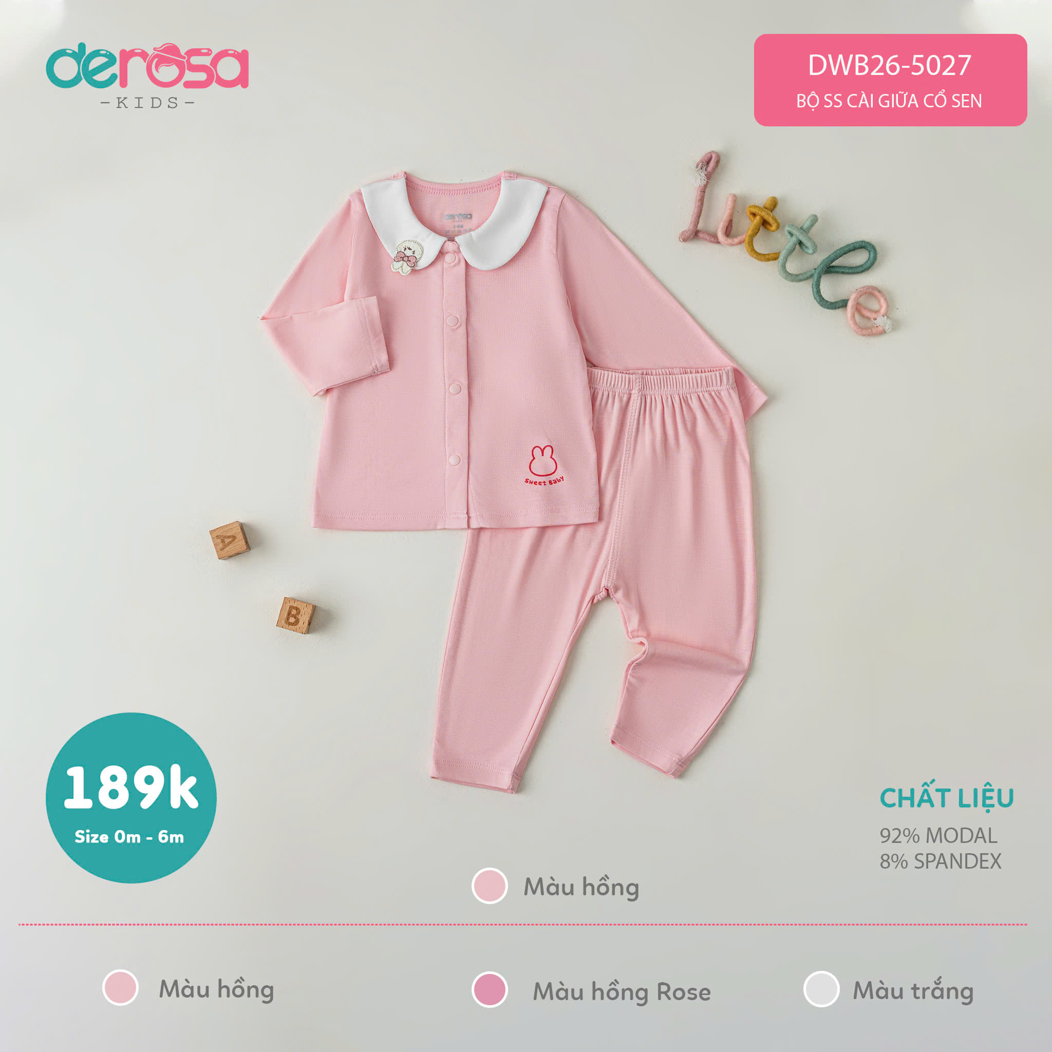 BỘ SS CÀI GIỮA CỔ SEN (0-6M) - HỒNG