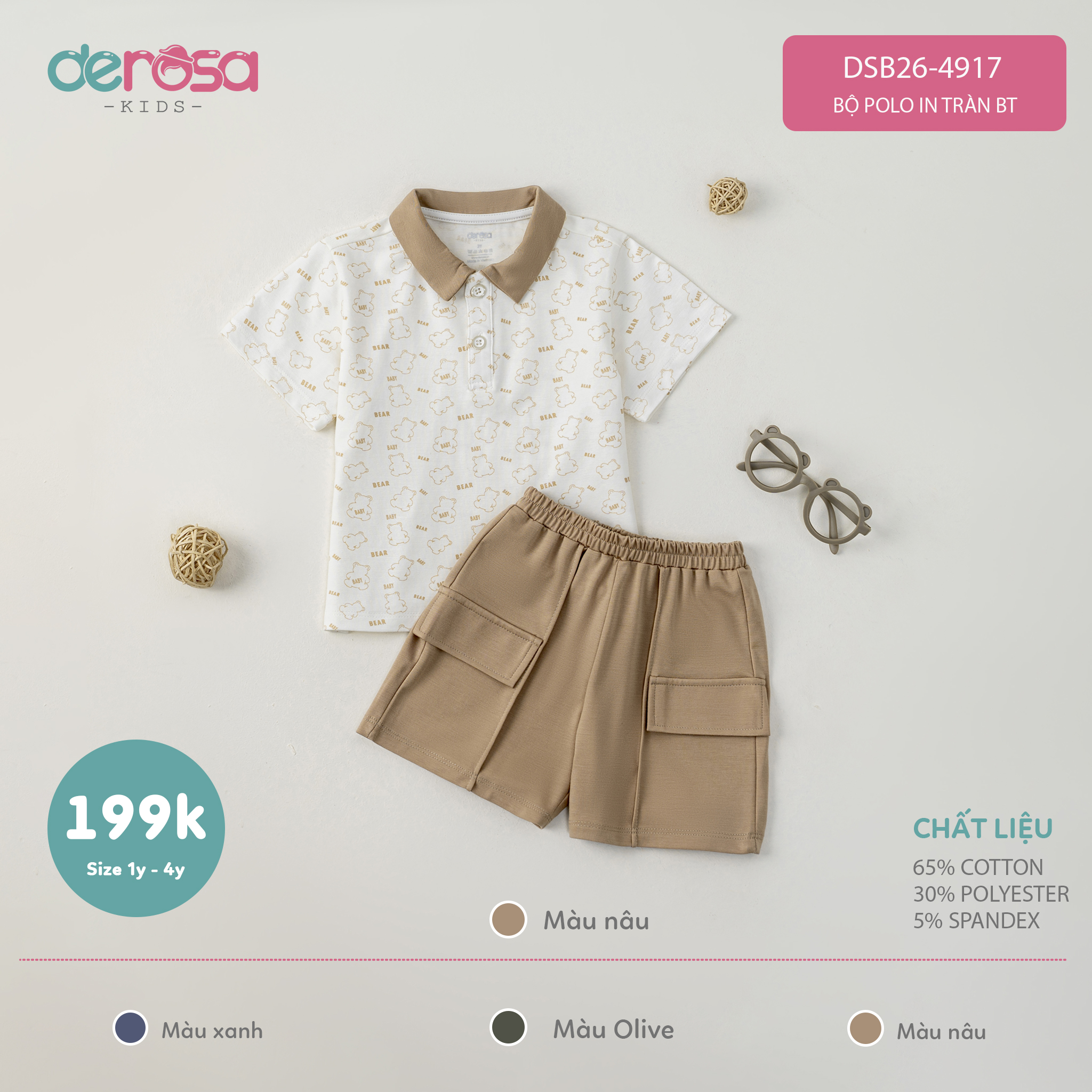 Bộ Polo in tràn BT (1-4Y) Rêu