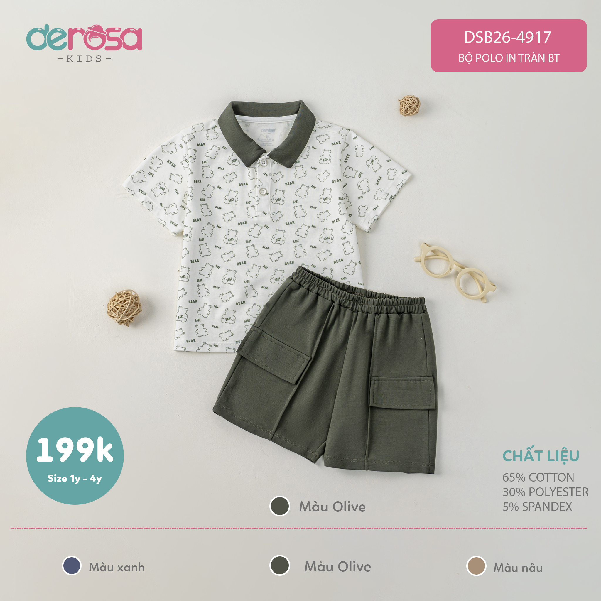 Bộ Polo in tràn BT (1-4Y) Rêu
