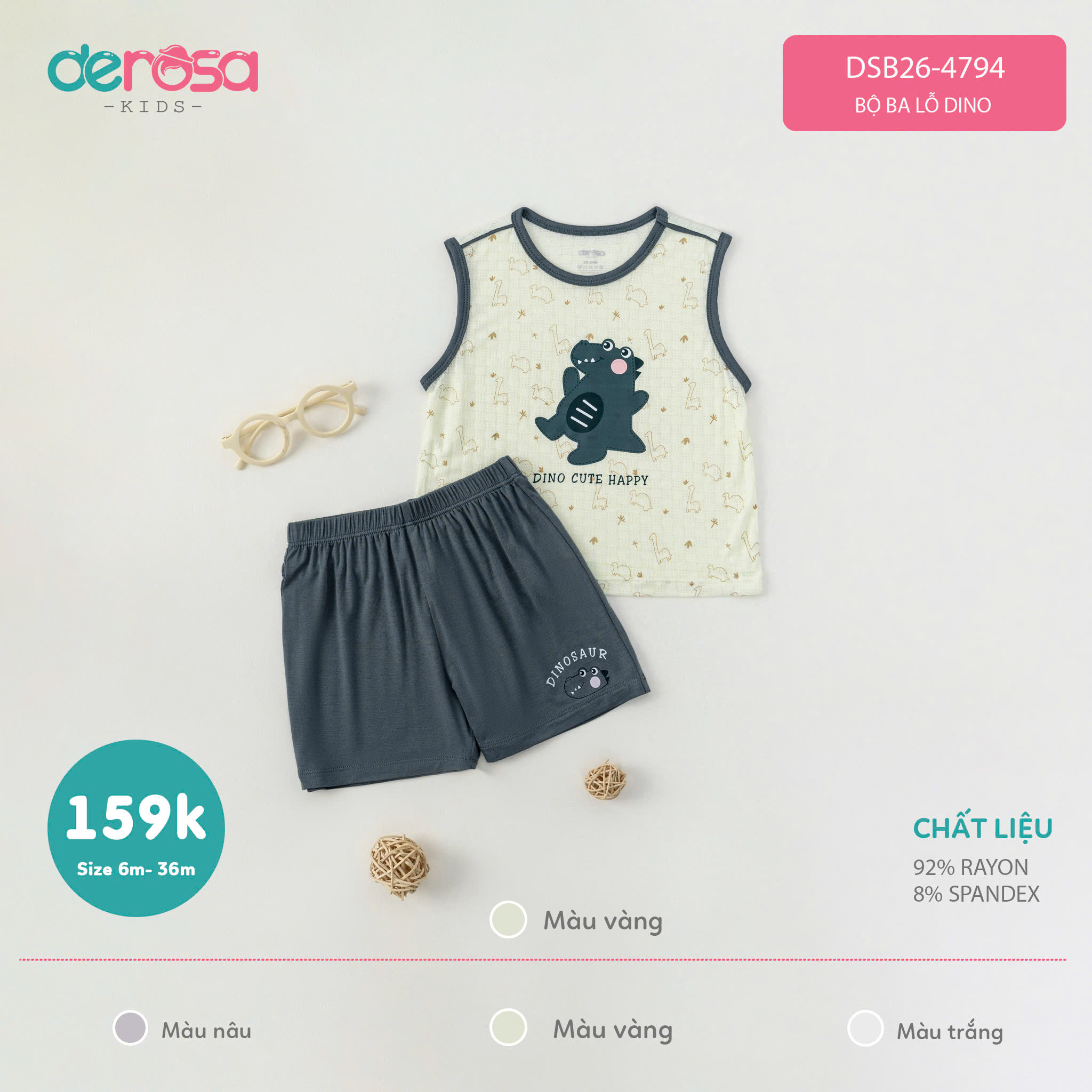 Bộ ba lỗ Dino (6-24M) - Nâu