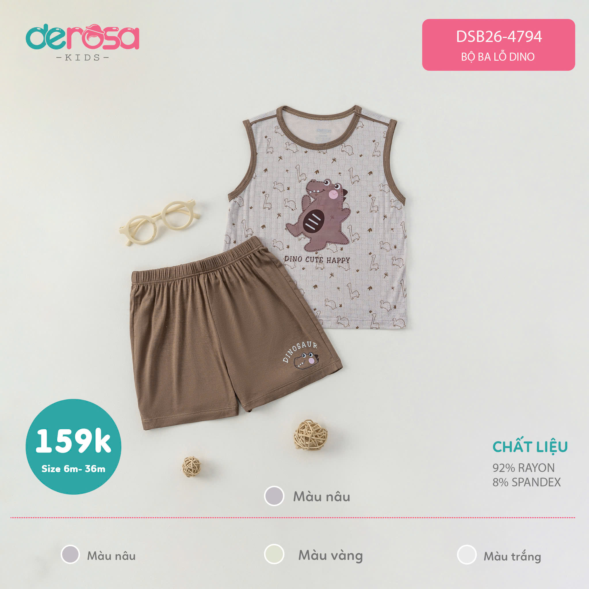Bộ ba lỗ Dino (6-24M) - Nâu
