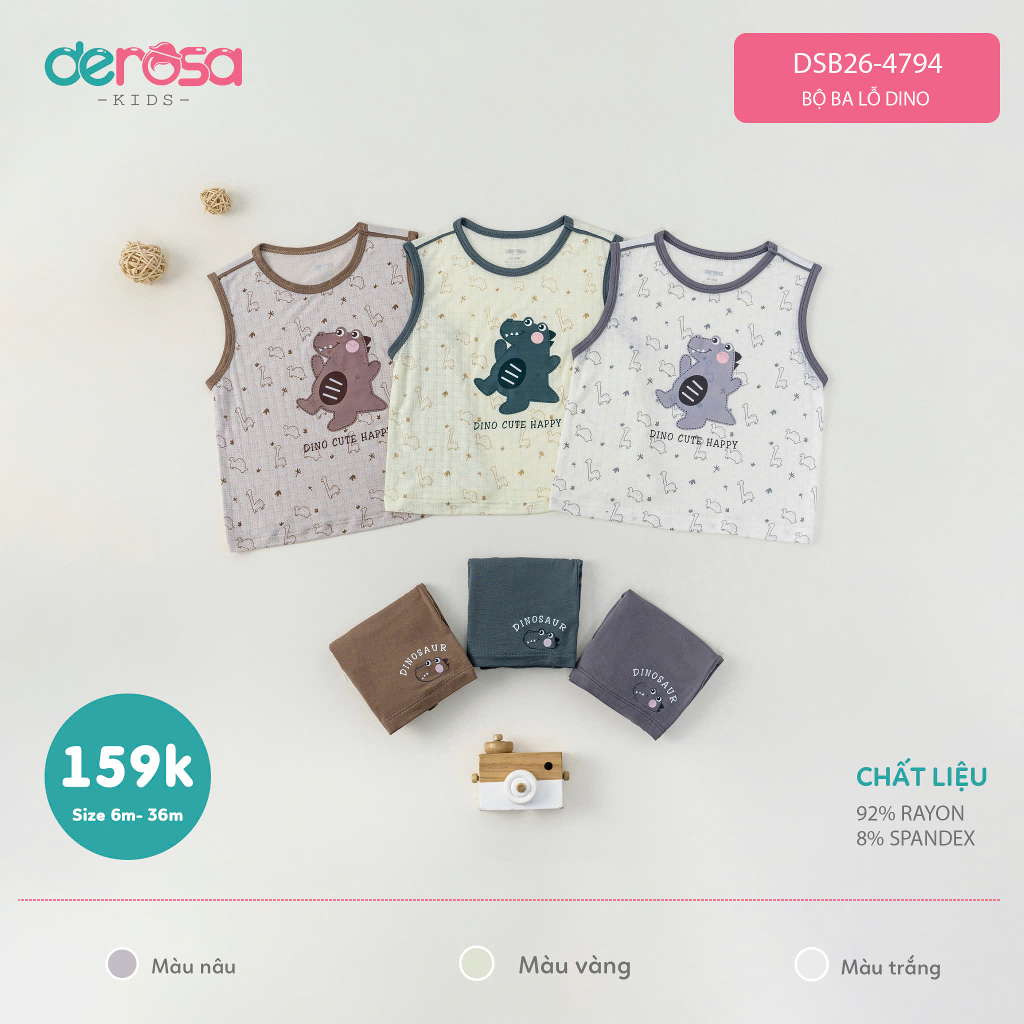 Bộ ba lỗ Dino (6-24M) - Nâu