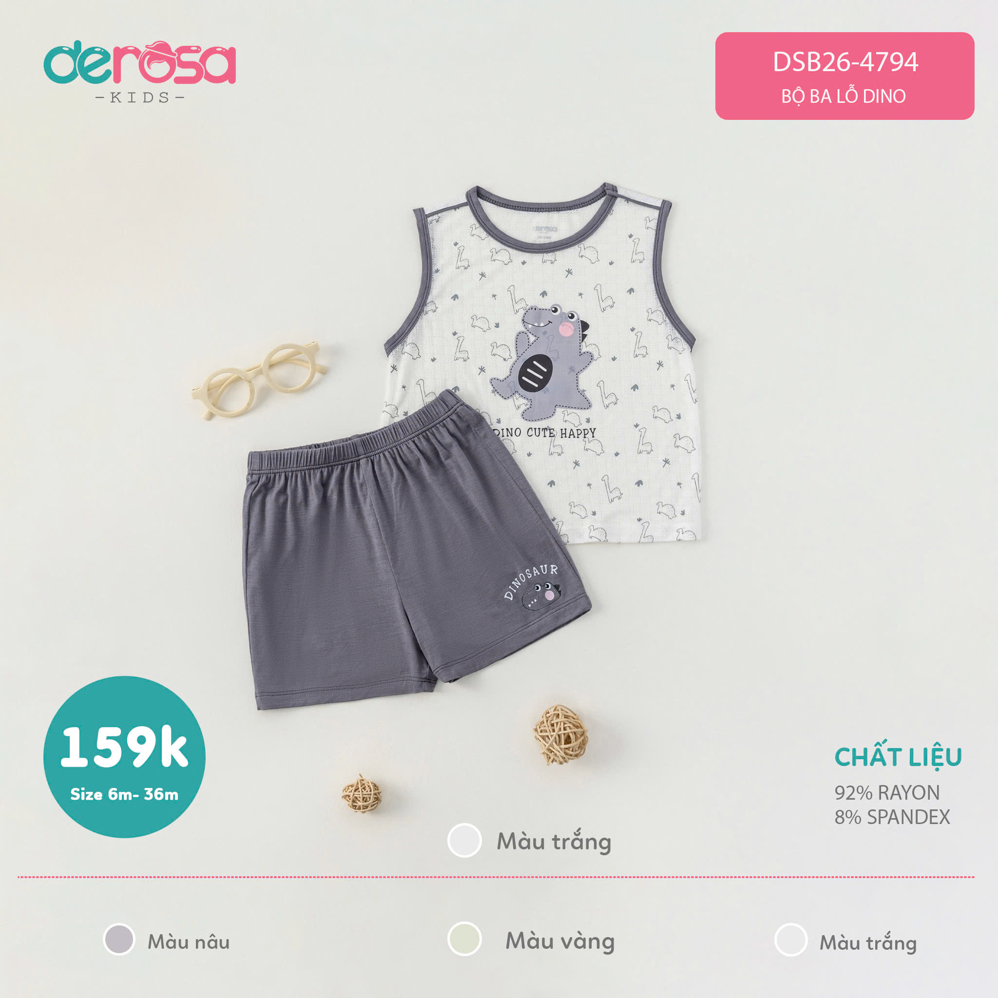 Bộ ba lỗ Dino (6-24M) - Nâu