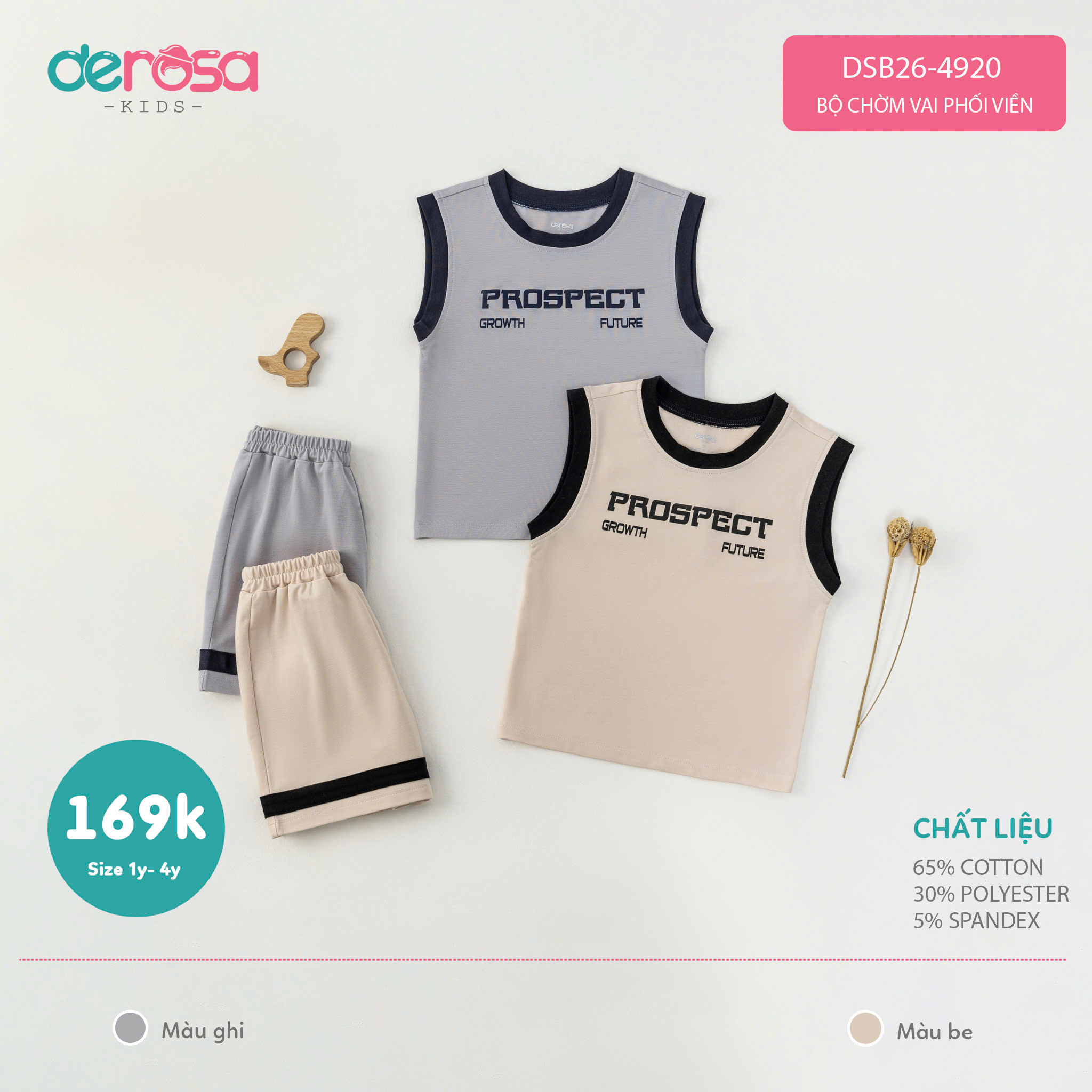 Bộ chờm vai phối viền (1-4Y) - Ghi
