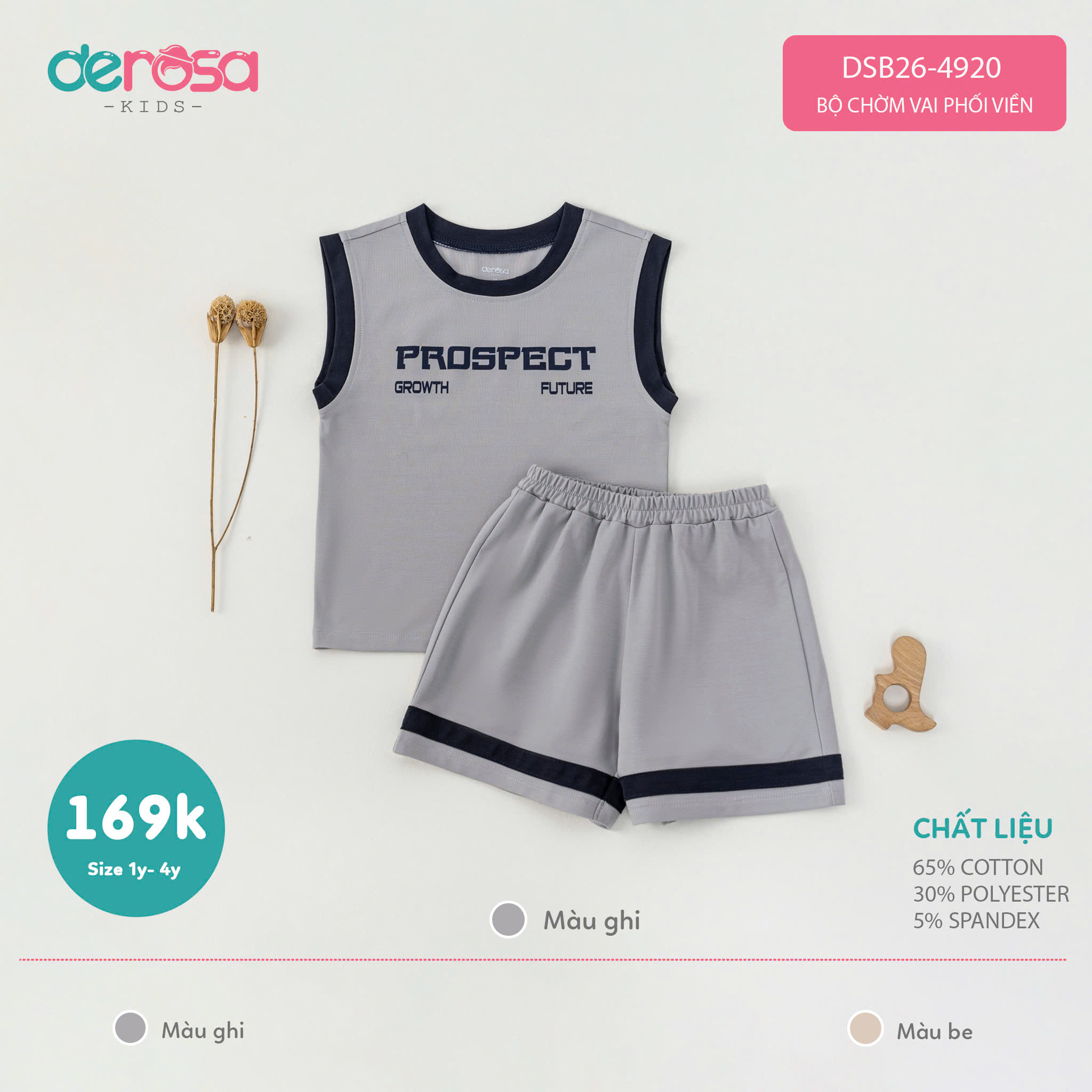 Bộ chờm vai phối viền (1-4Y) - Ghi