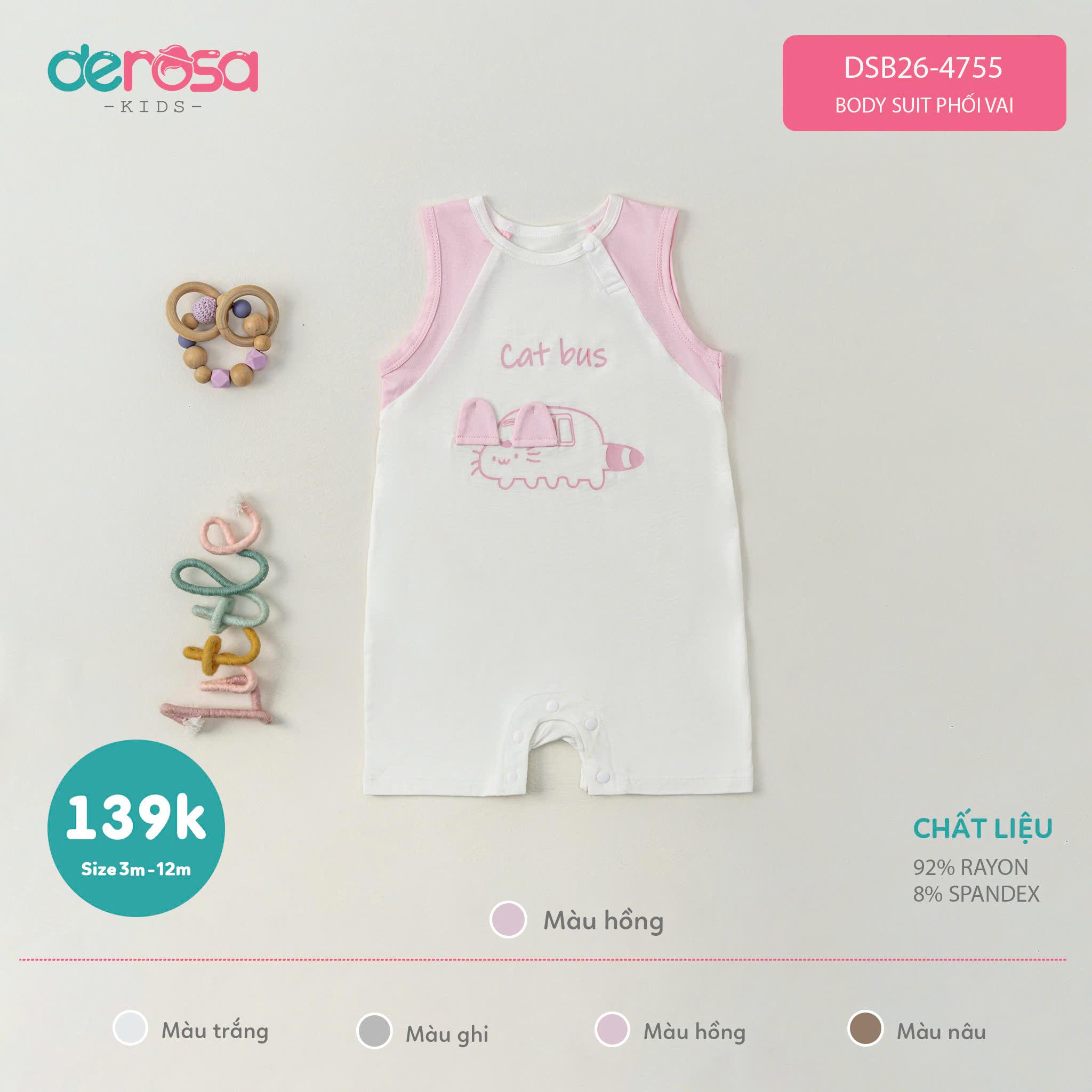 Body suit phối vai (3-12M) Hồng
