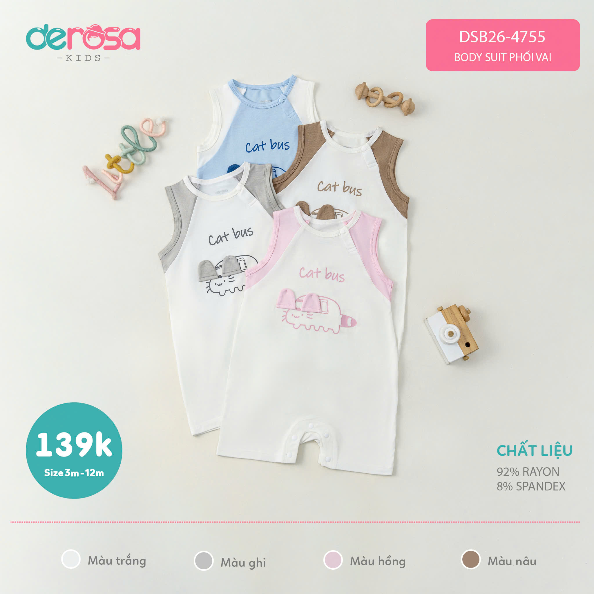 Body suit phối vai (3-12M) Hồng