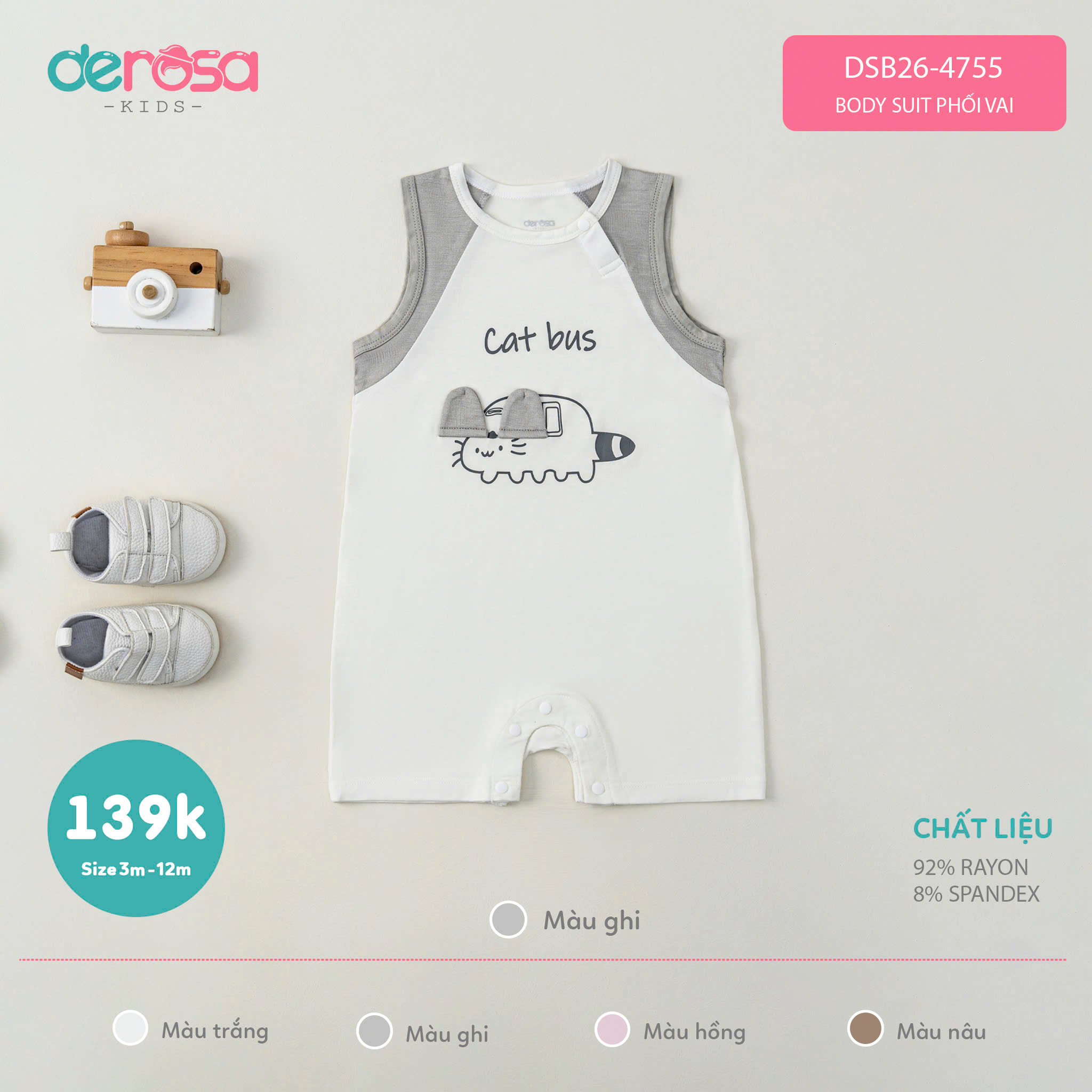 Body suit phối vai (3-12M) Hồng