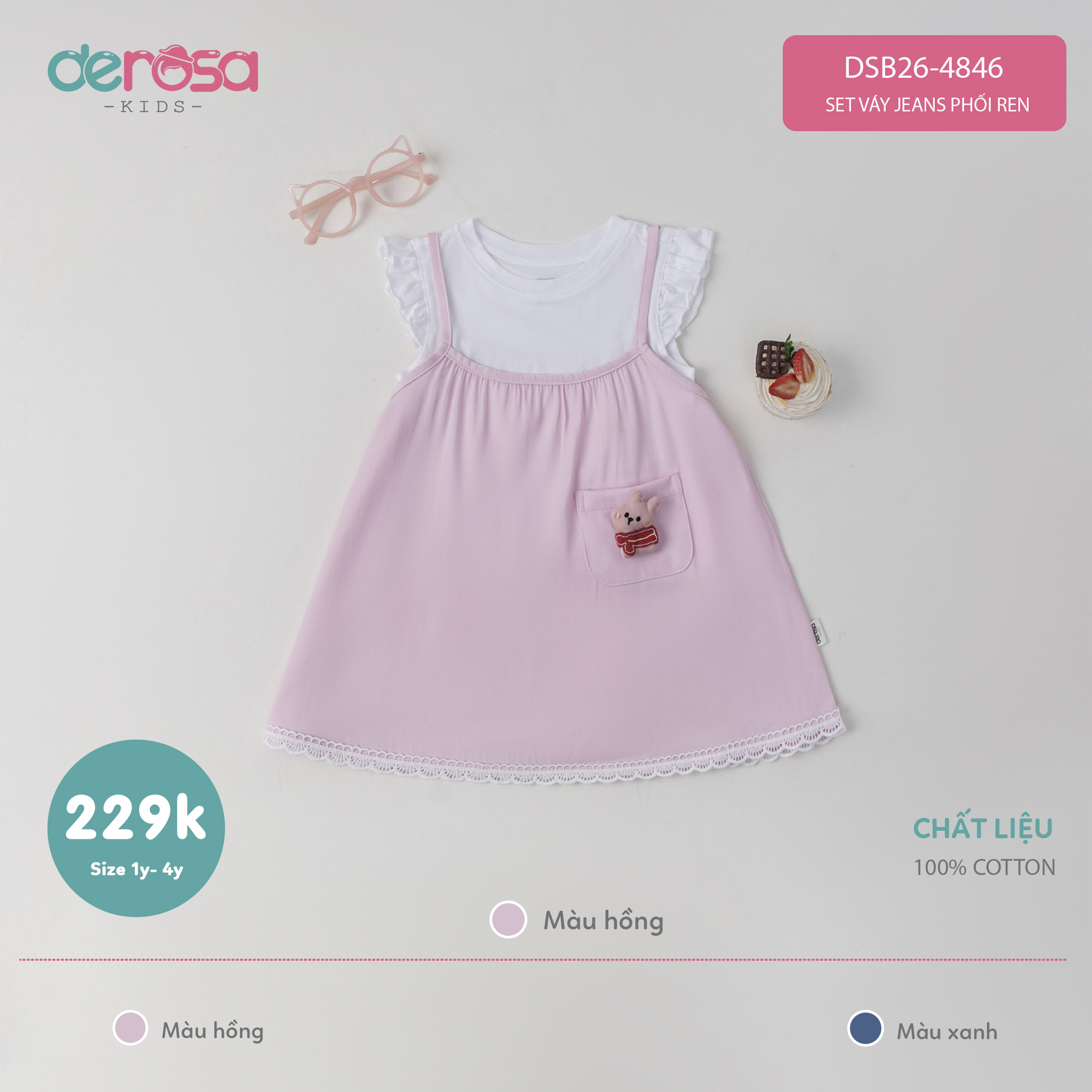 Set váy jeans phối ren (1-4Y) - Hồng