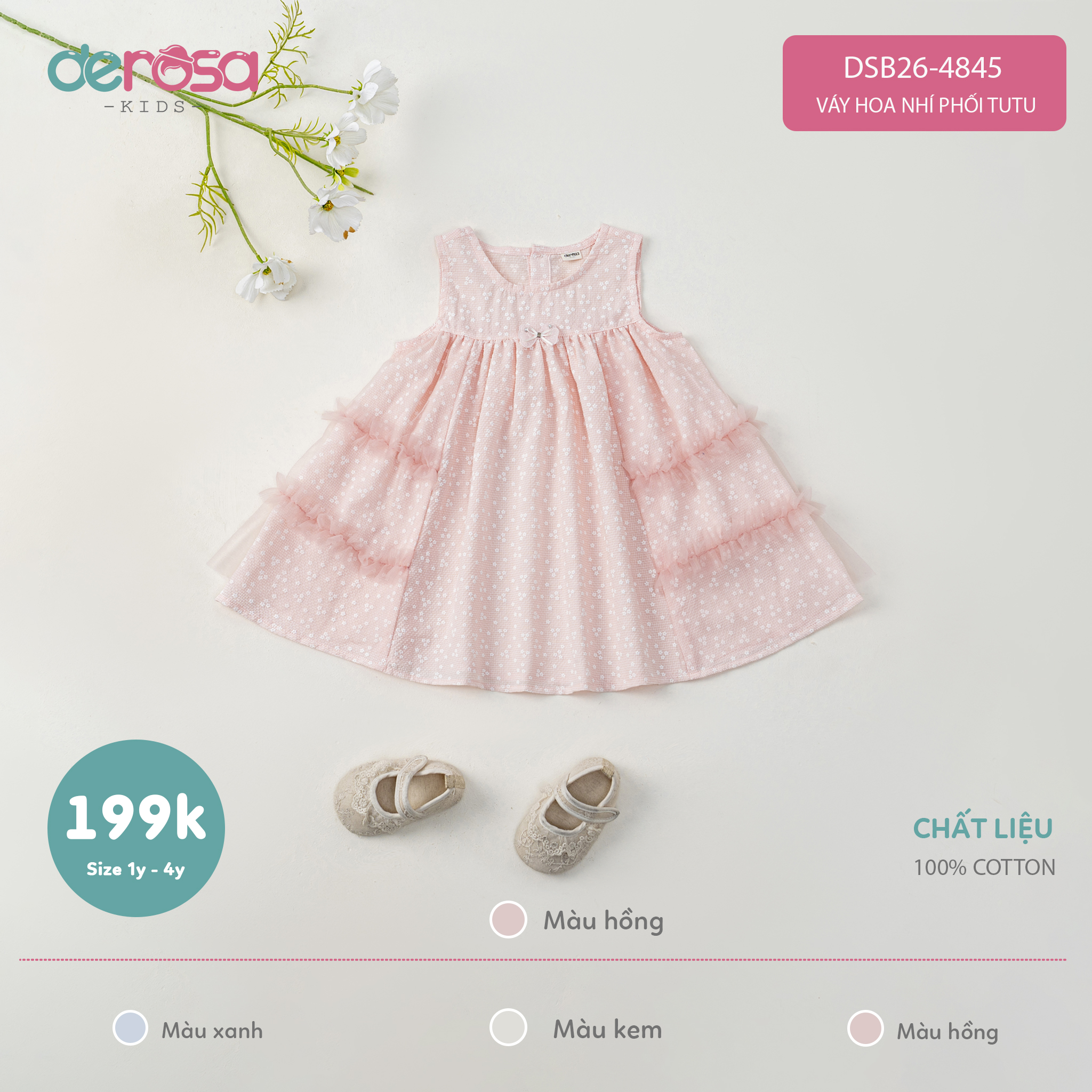 Váy hoa nhí phối tutu (1-4Y) - Xanh