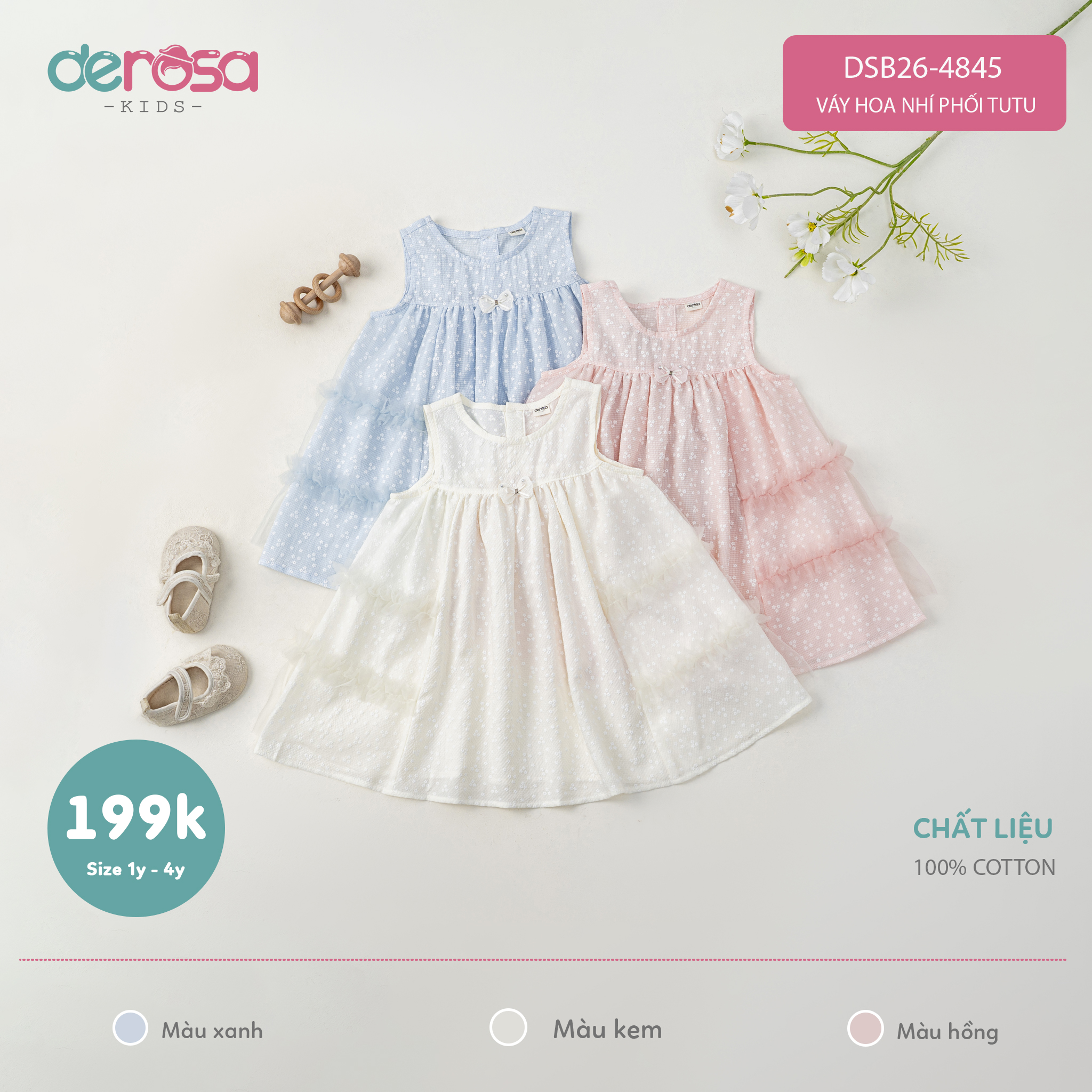 Váy hoa nhí phối tutu (1-4Y) - Xanh
