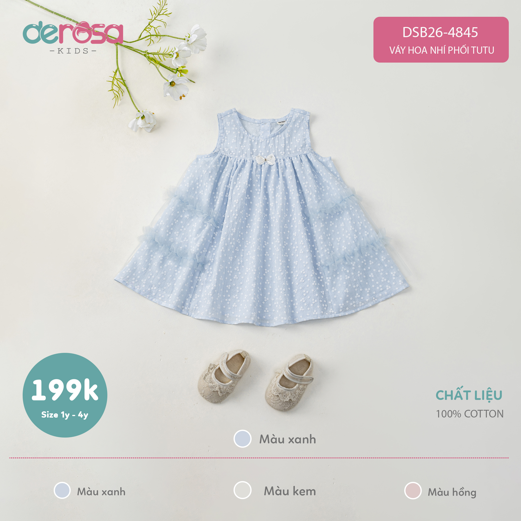 Váy hoa nhí phối tutu (1-4Y) - Xanh