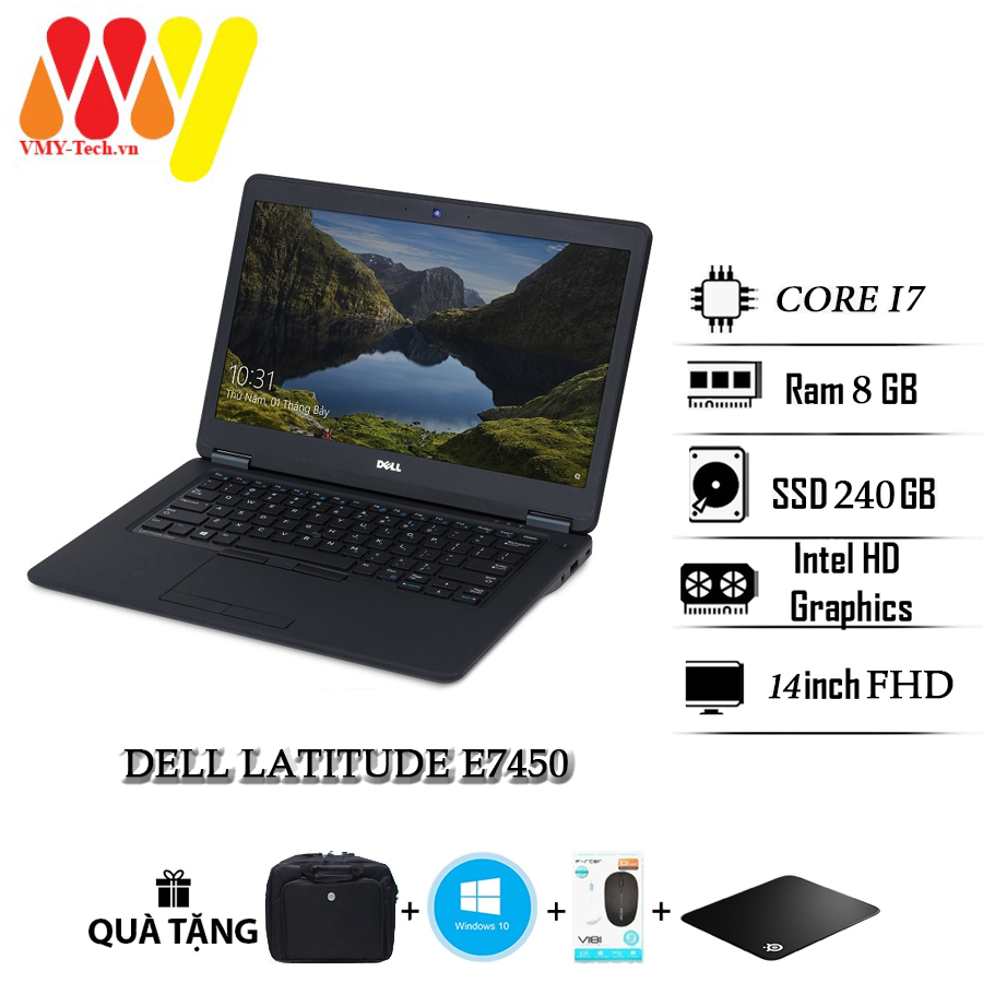 Laptop Dell Latitude 7450, E7450 mỏng nhẹ cấu hình cao, Core i5, Ram 8gb, ổ cứng SSD 240gb, màn hình 14inch FHD cao cấp