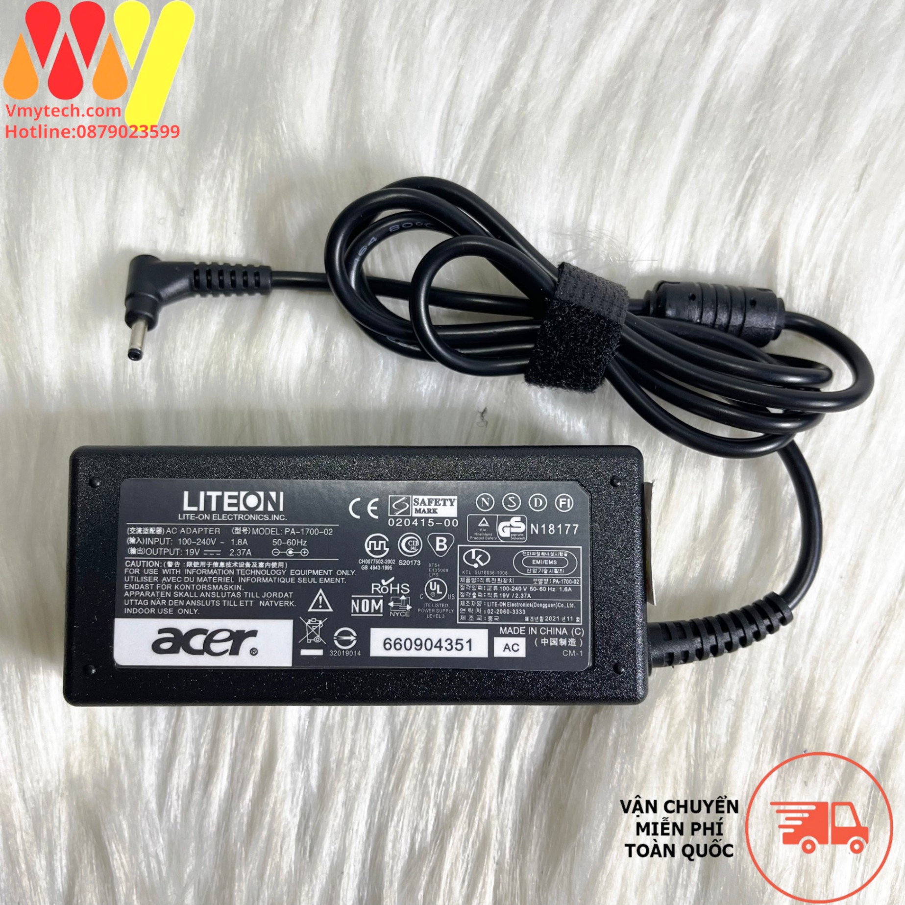Adapter, Sạc Laptop acer 19v - 2.37a (45W)chân nhỏ 1.1mm, Chính Hãng