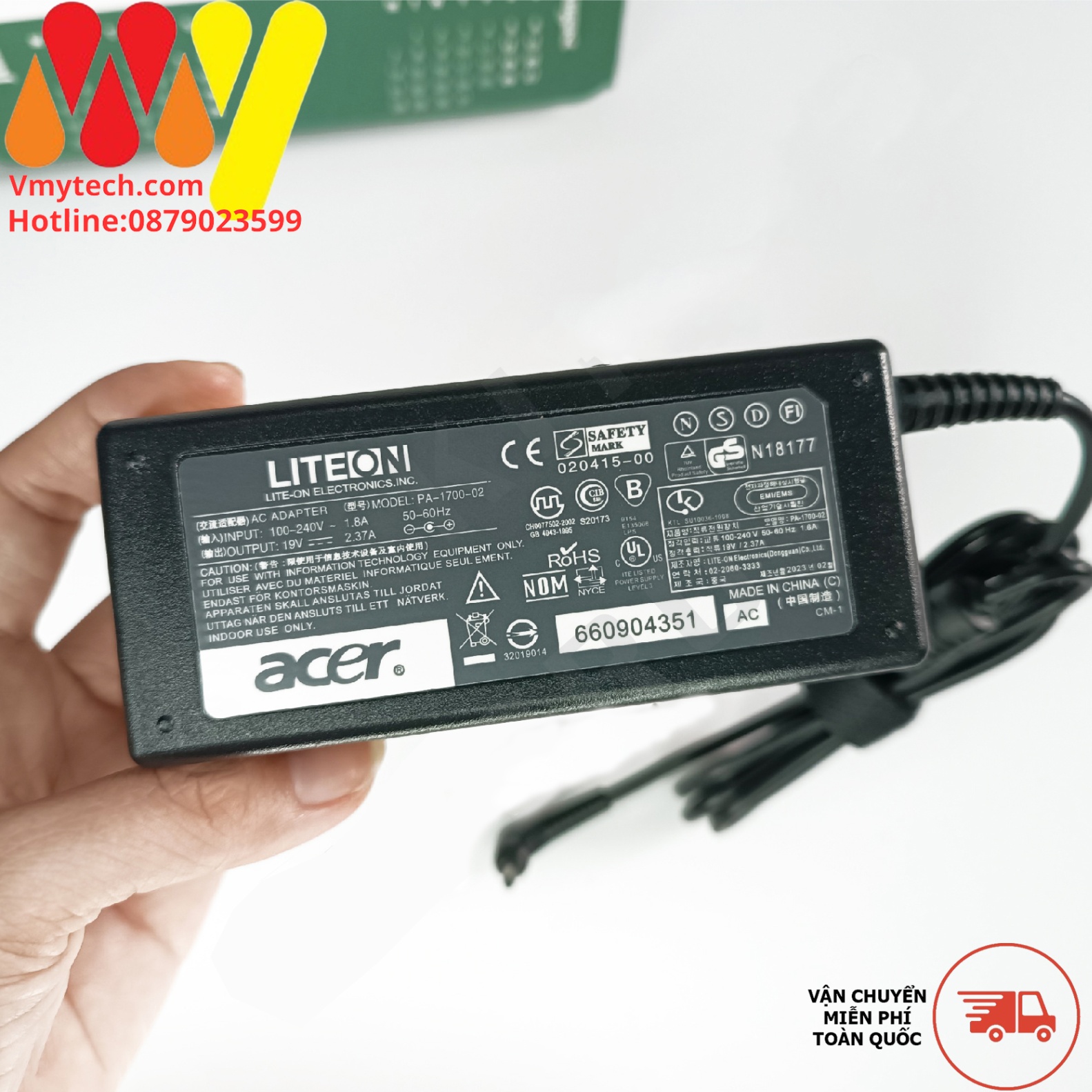Adapter, Sạc Laptop Acer 19V-3.34A (65W), Chân Nhỏ 3.0 X 1.1mm, Chính Hãng