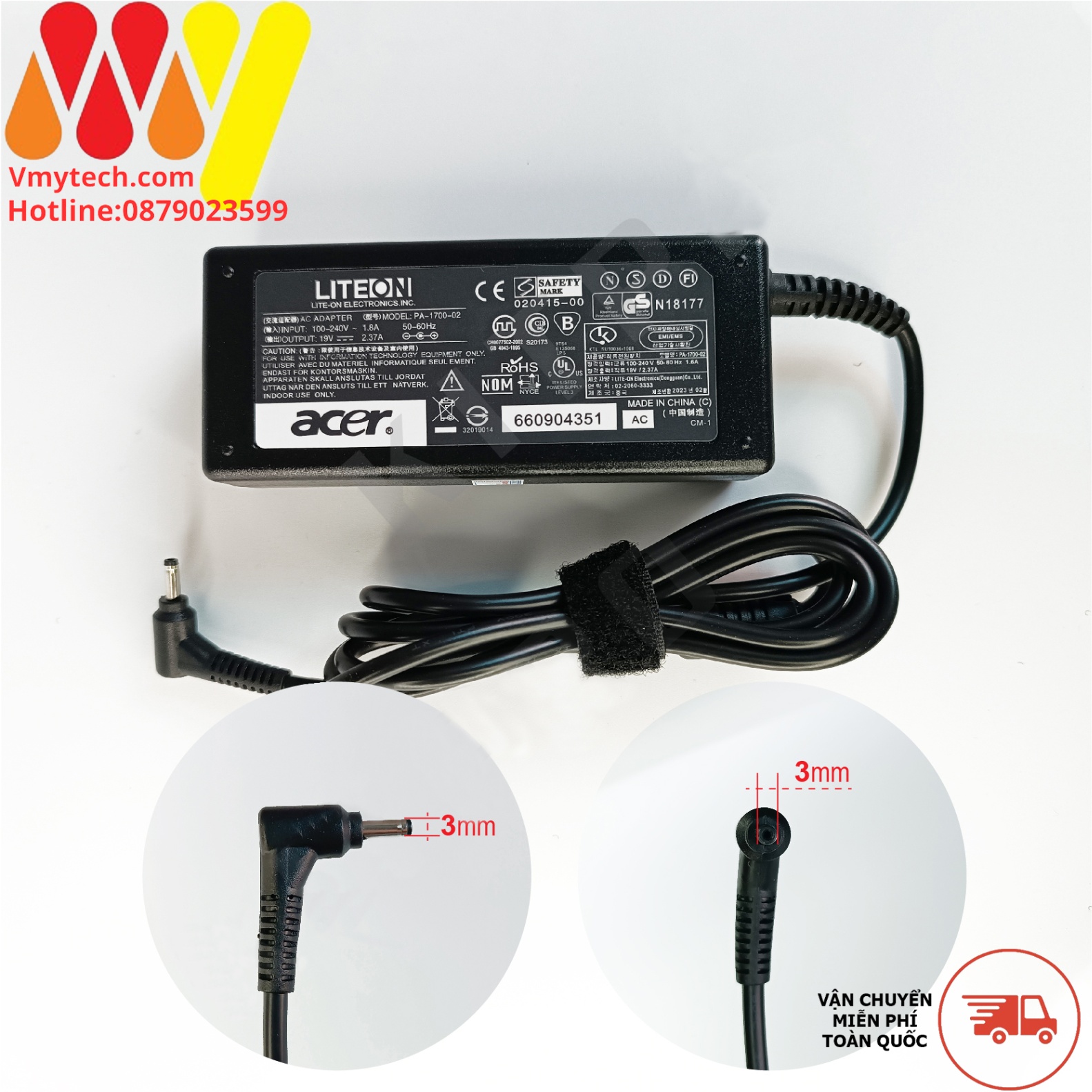 Adapter, Sạc Laptop Acer 19V-3.34A (65W), Chân Nhỏ 3.0 X 1.1mm, Chính Hãng