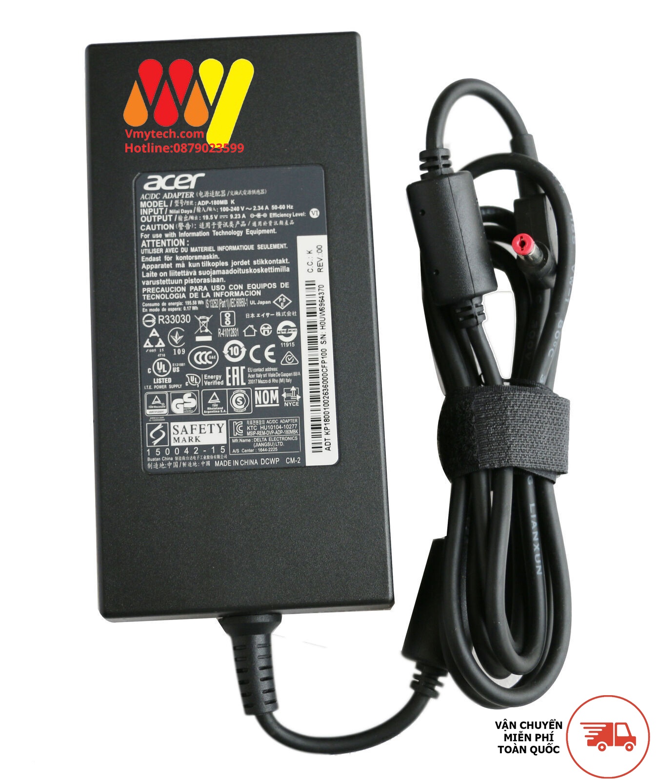 Adater, Sạc Laptop Acer 19.5v- 9.23a, Chân Thường 5.5*1.7mm, Chính Hãng