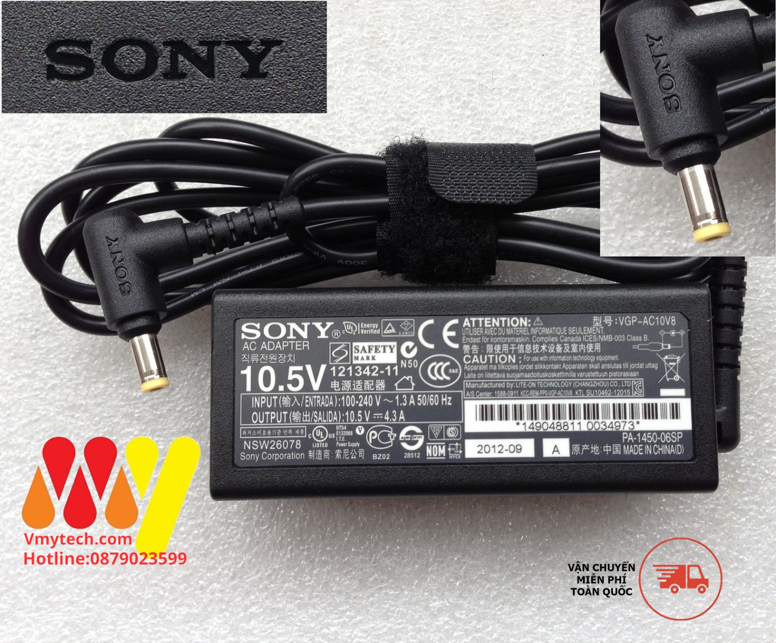 Adapter, Sạc Laptop Sony 10.5V-4.3A đầu 4.8*1.7mm, Sạc Sony 45W Chính Hãng