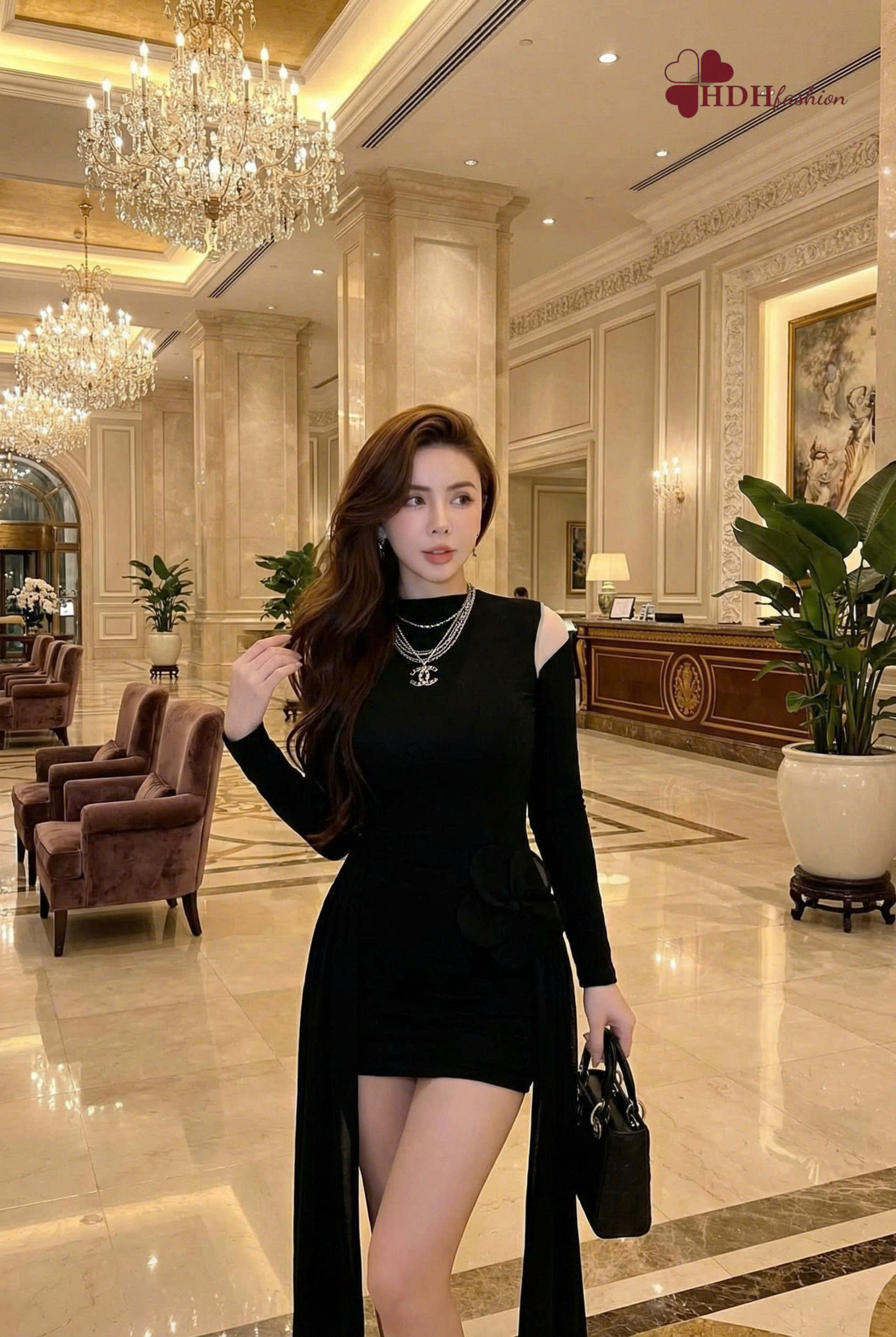 Đầm tiệc Đen Trắng Tab hoa