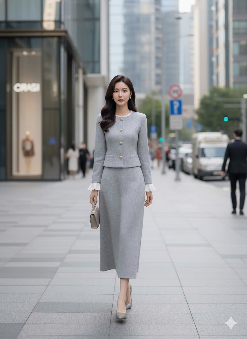 Sét Bộ Dạ Tweed Xanh Ghi Phối Bèo