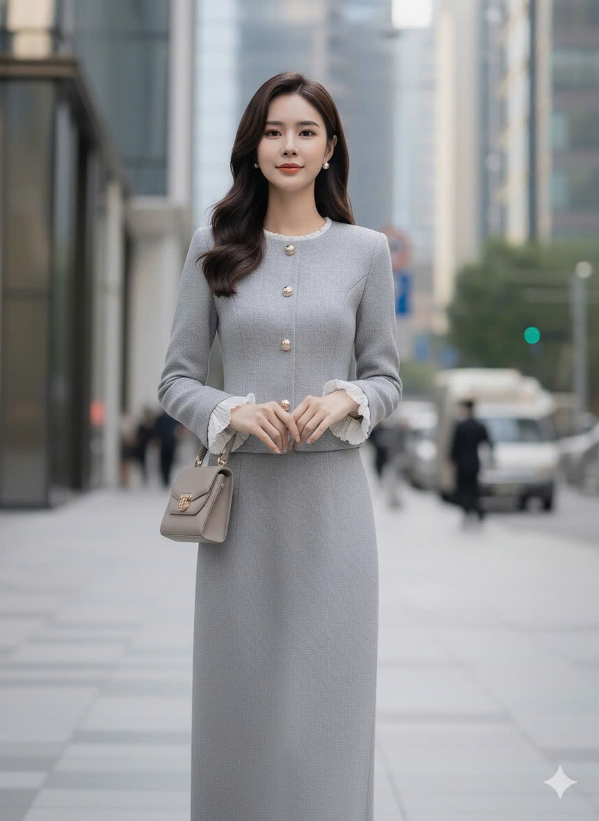 Sét Bộ Dạ Tweed Xanh Ghi Phối Bèo