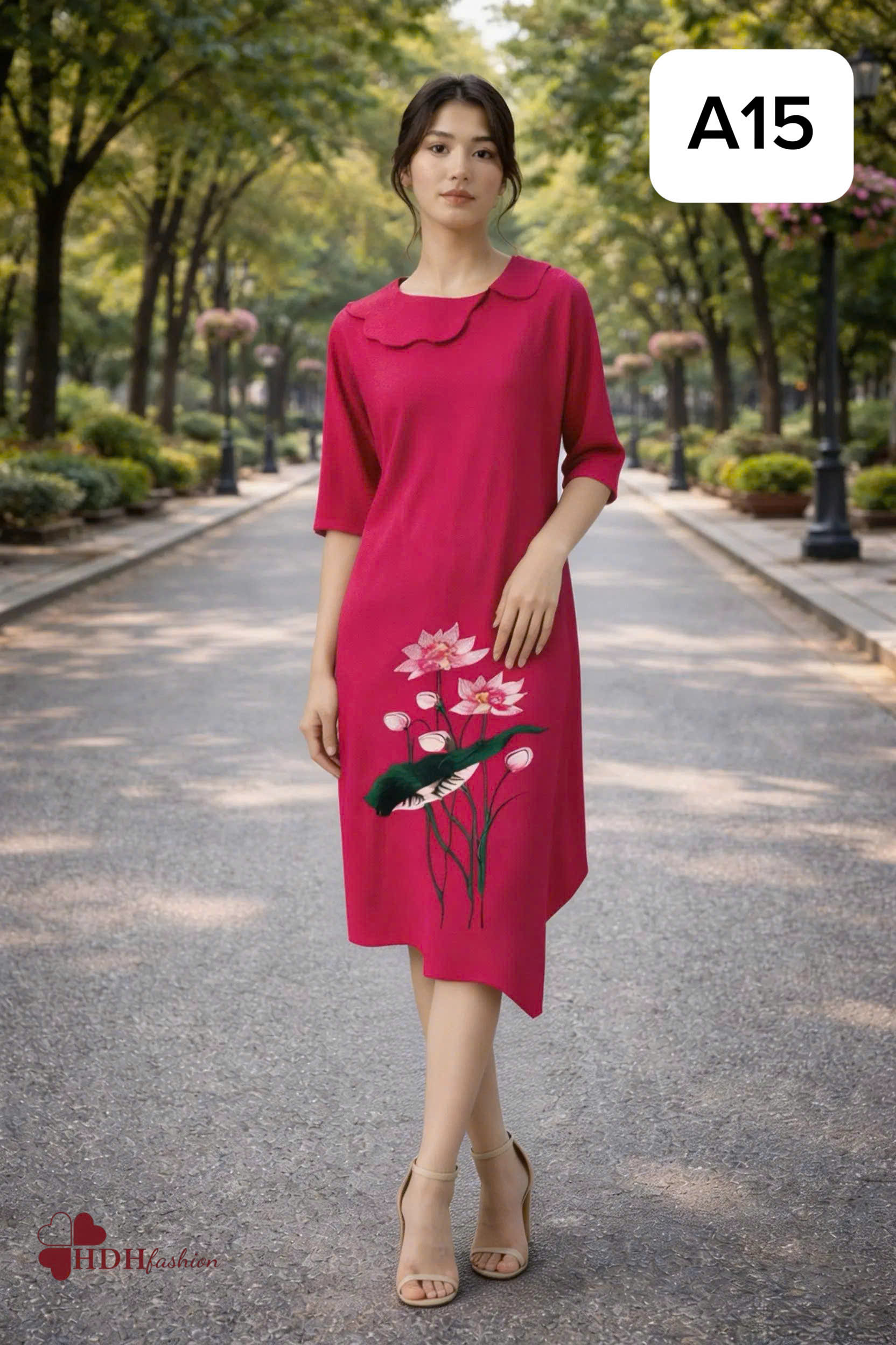 A15 - Đầm Linen lụa thêu hoa sen - Size 2XL