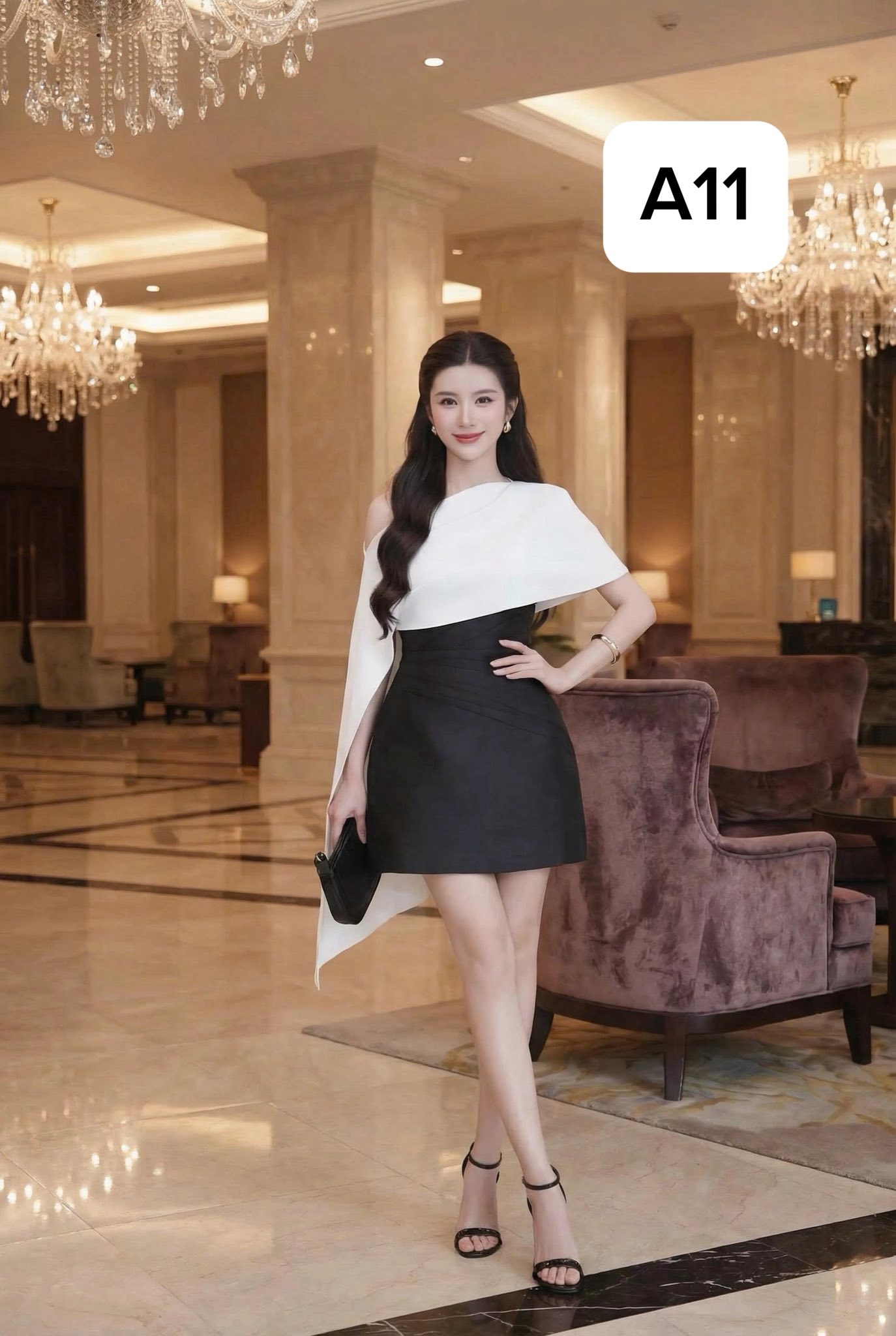 Đầm tiệc choàng khăn lụa - Đen - S