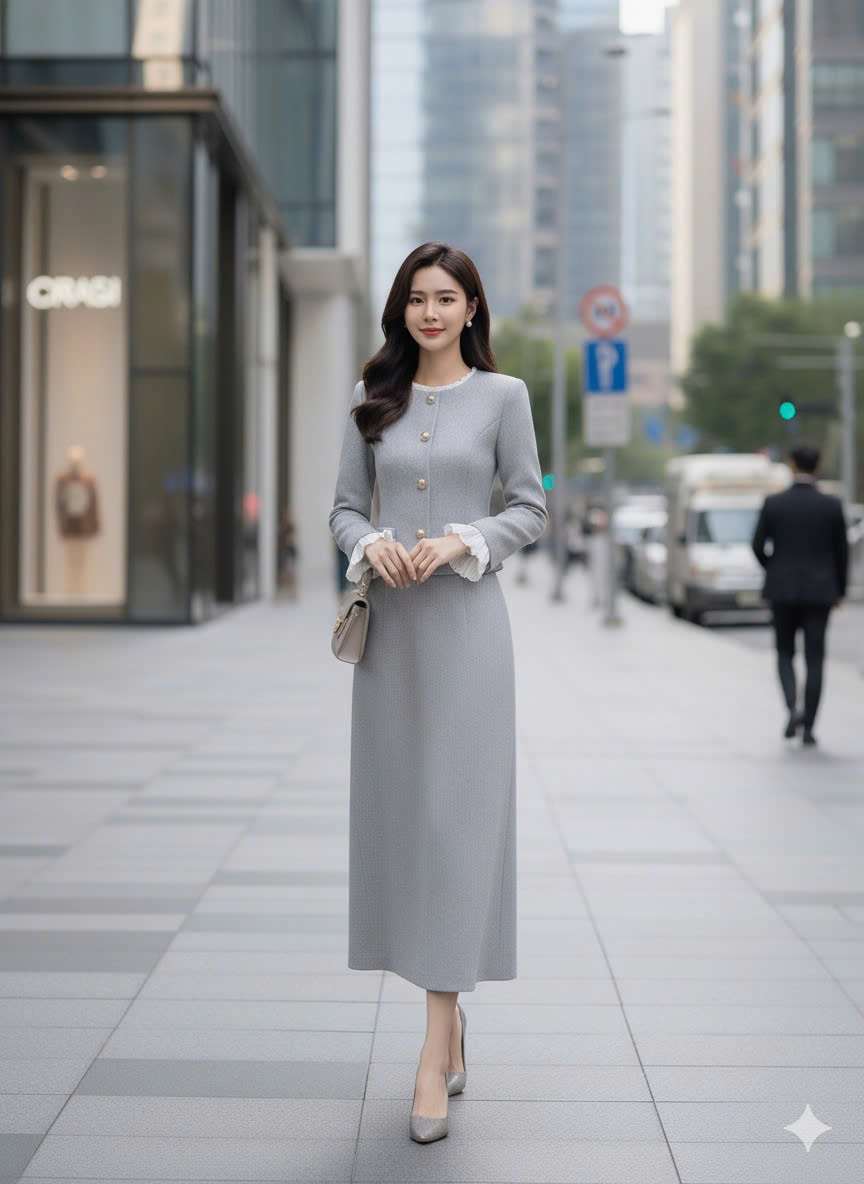 Sét Bộ Dạ Tweed Xanh Ghi Phối Bèo