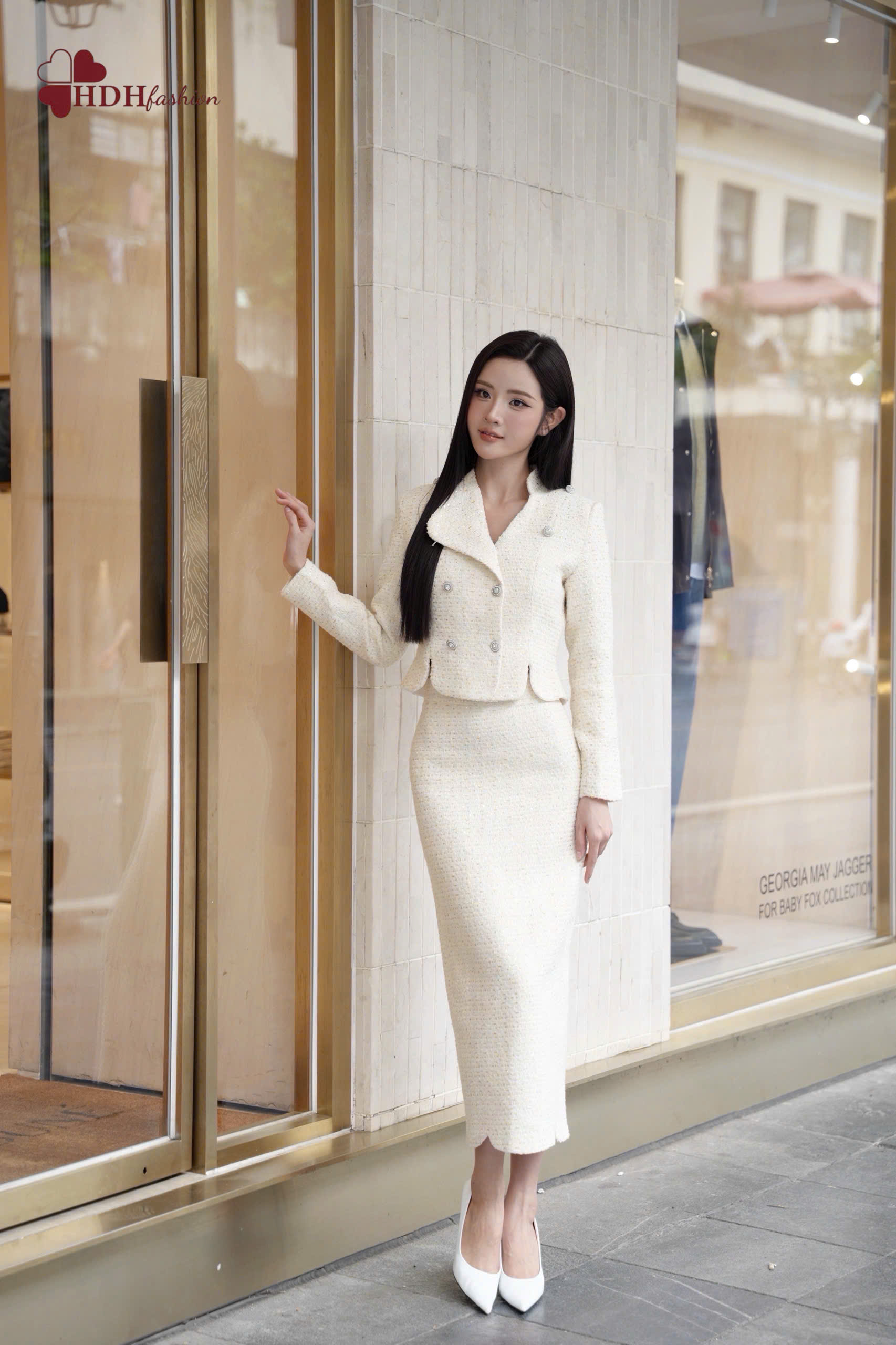 Sét Bộ dạ Cổ Vest Cách Điệu Chân Váy Midi Dài