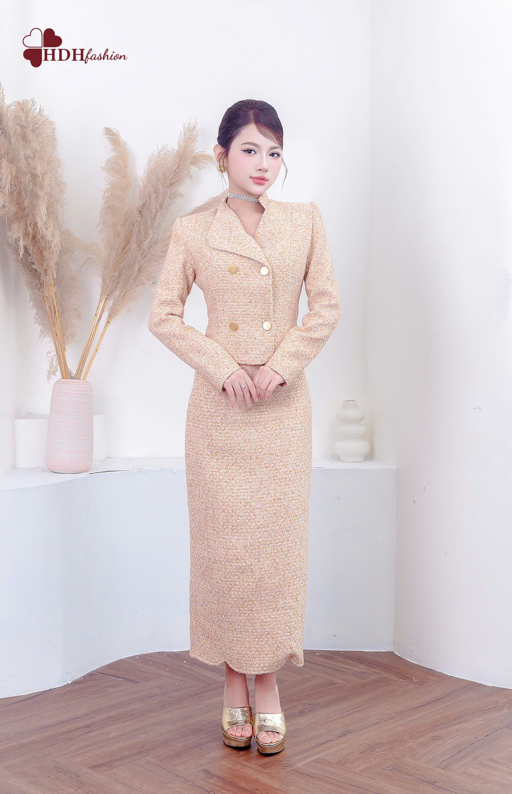 Sét Bộ dạ Cổ Vest Cách Điệu Chân Váy Midi Dài