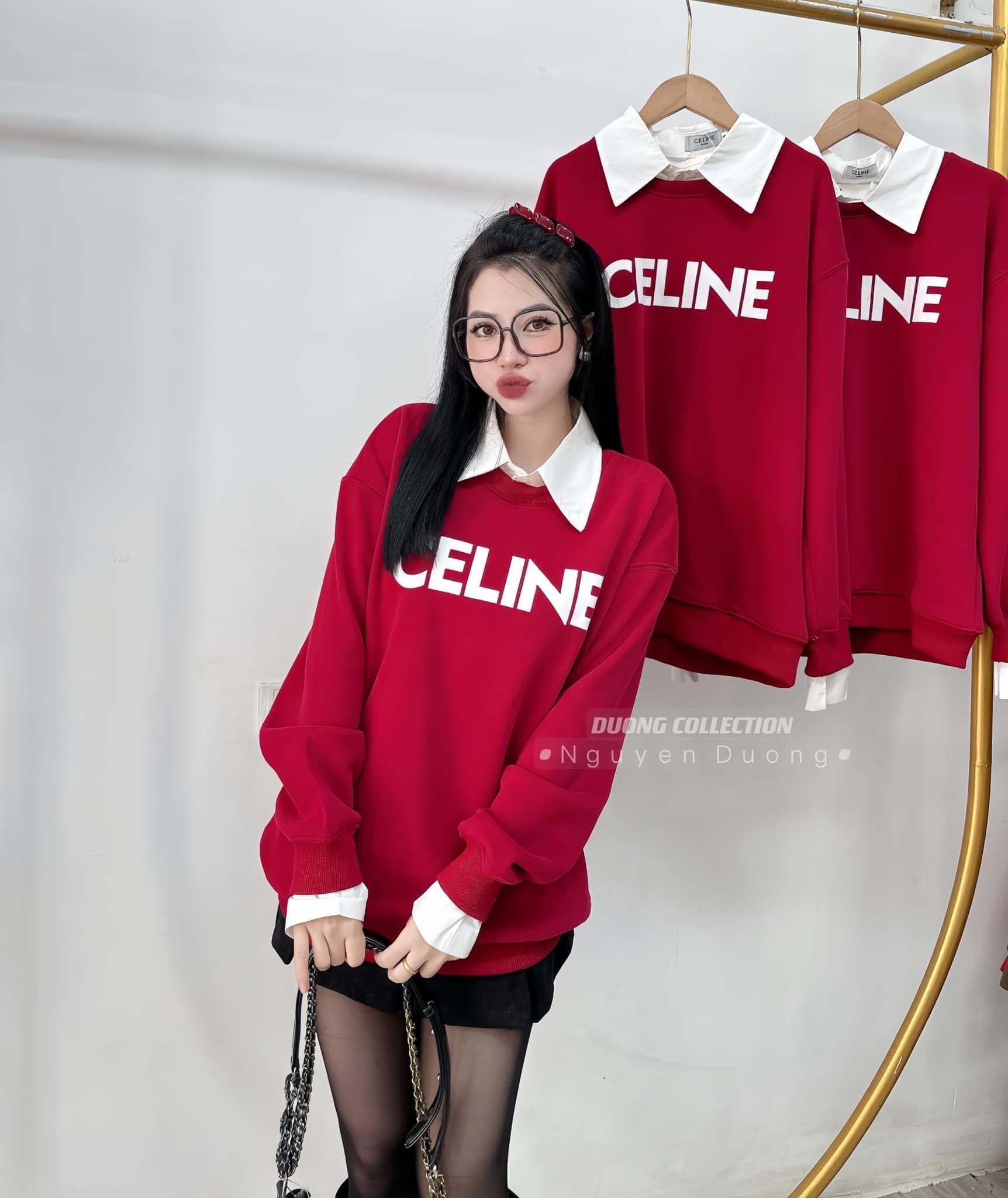 A12642 Áo nỉ Celine đỏ phối cổ trắng