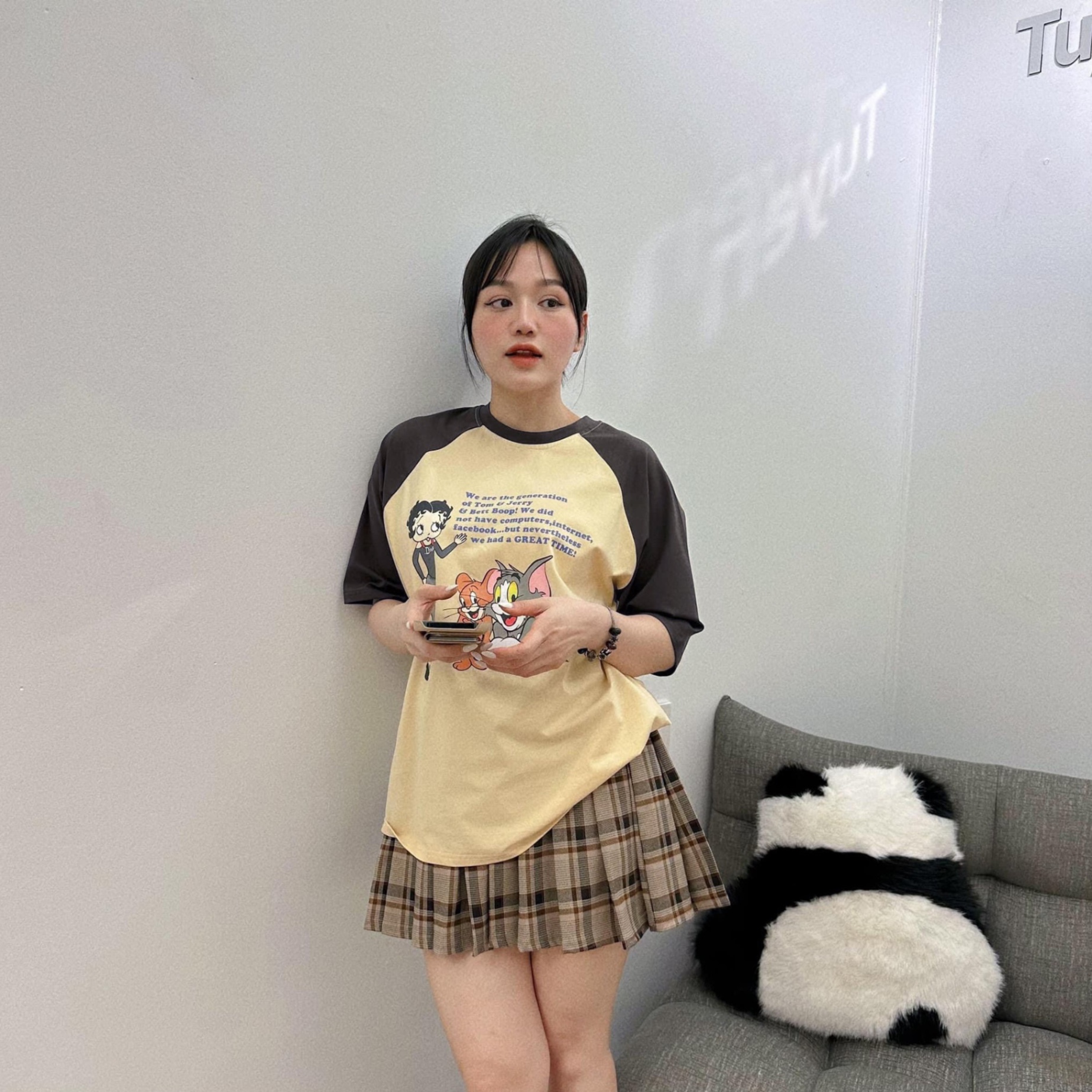 Set cv xếp ly kẻ áo phối tay tom & jerry