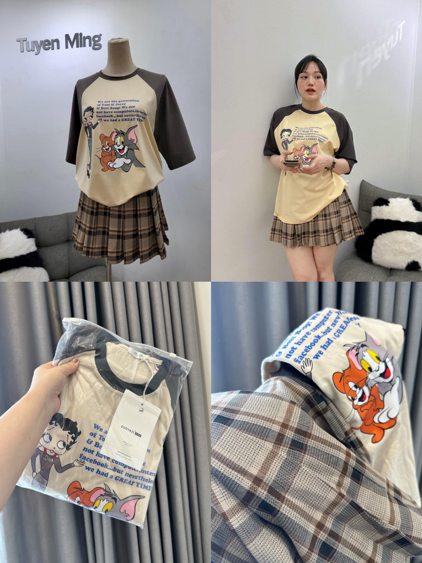 Set cv xếp ly kẻ áo phối tay tom & jerry