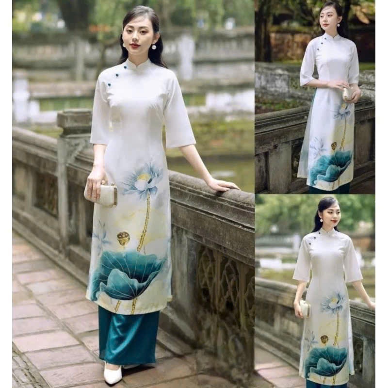 S16264- Áo dài xanh trắng in hoa sen