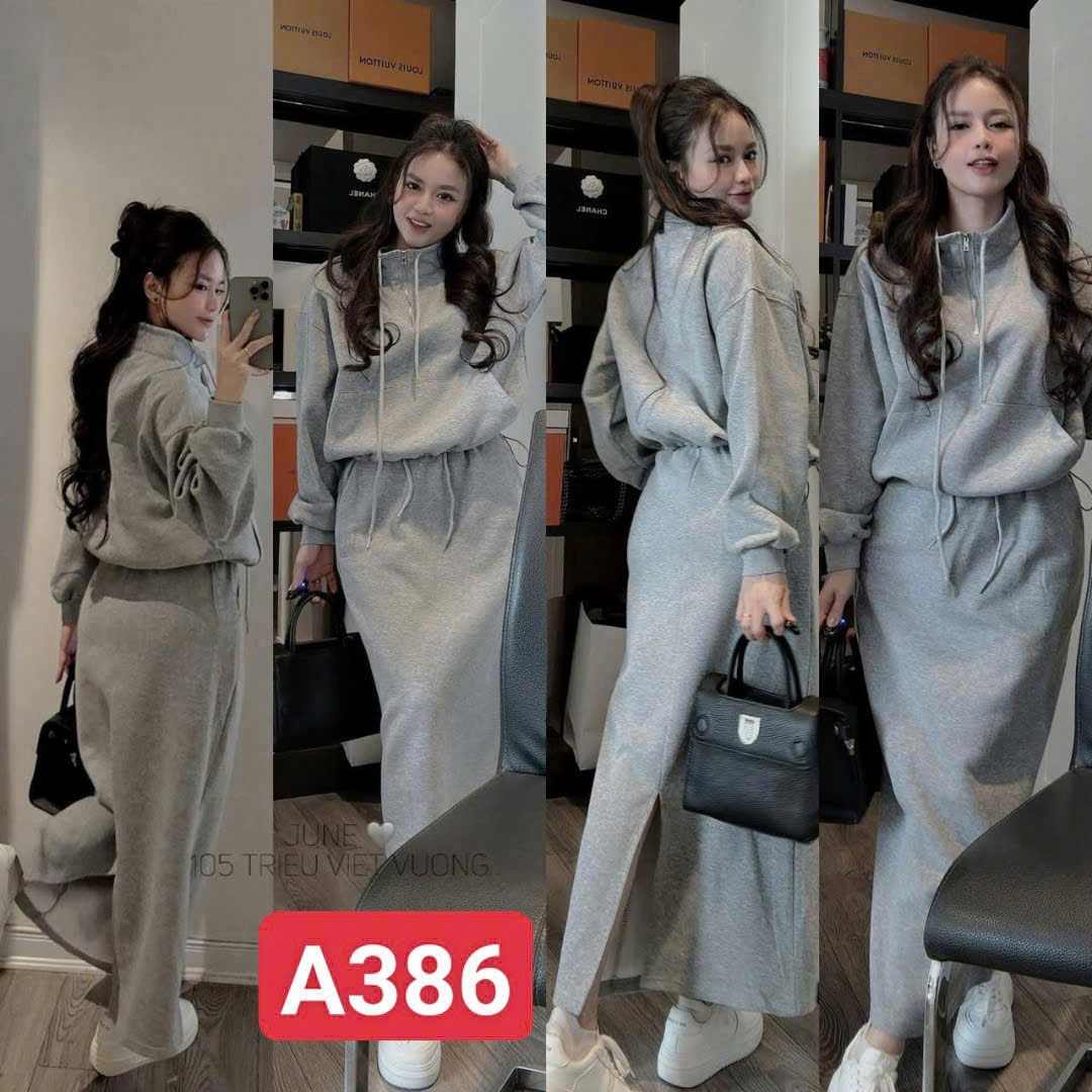 S16451- Set áo khóa cổ loewe mix chân váy ghi