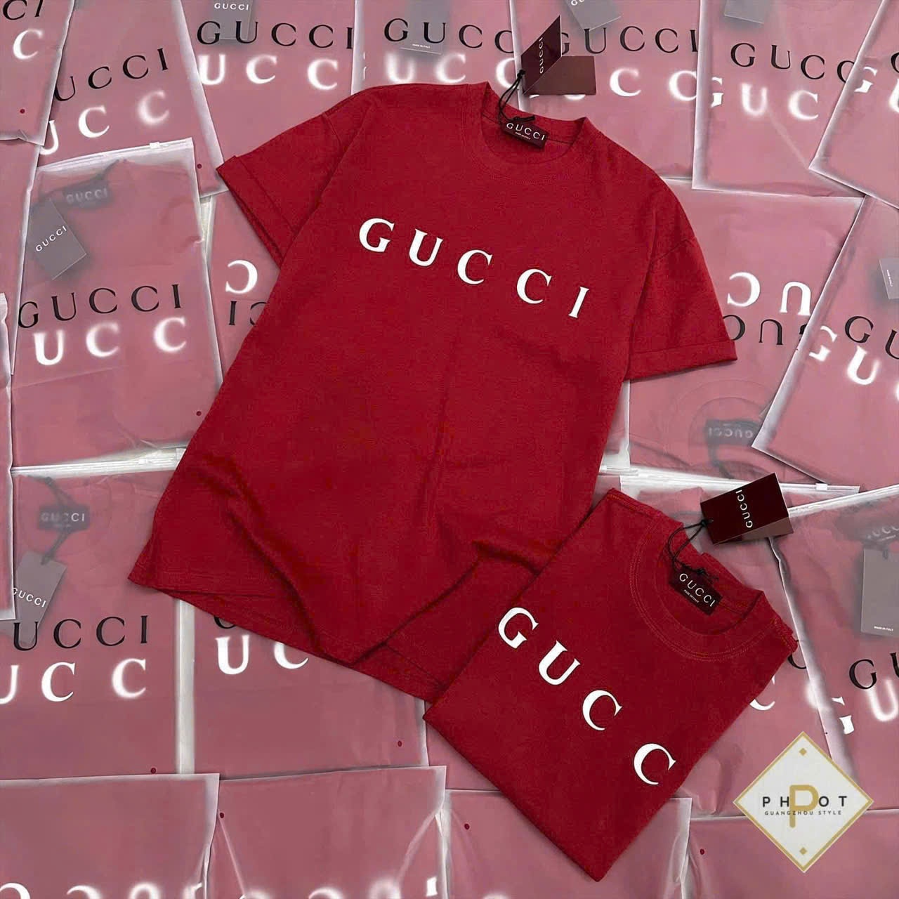 A16578 Áo phoomg đỏ chữ GUCCI trắng