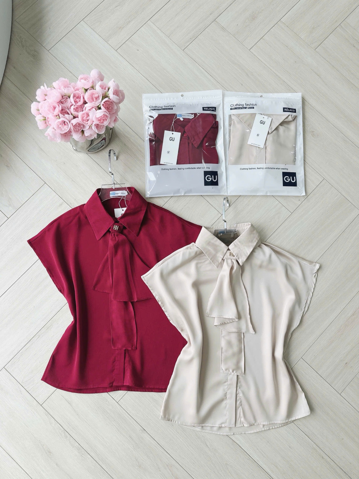 A17984 ÁO SƠ MI GU TAY LIỀN MIX NƠ CỔ 2 MÀU