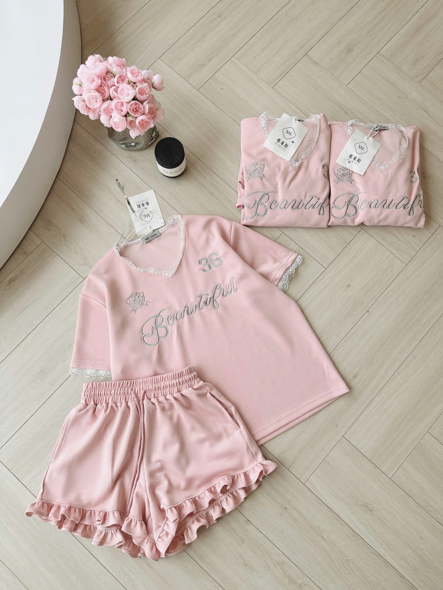B18160 🌿 SET CỔ TIM SHORT BÈO PHỐI REN HỒNG