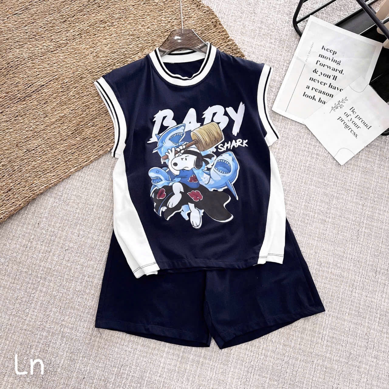 B18178-Bộ sát lách baby shark bé trai bo cổ, tay(SZ 140-170)