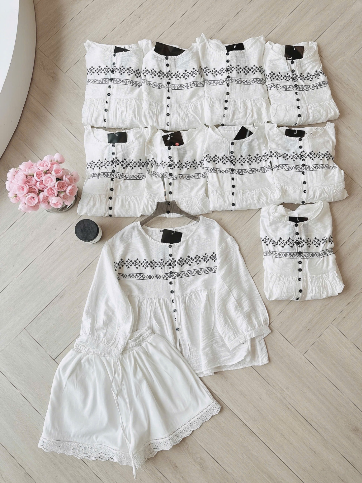 S18185 SET IN HOẠ TIẾT MIX QUẦN PHỐI REN GẤU
