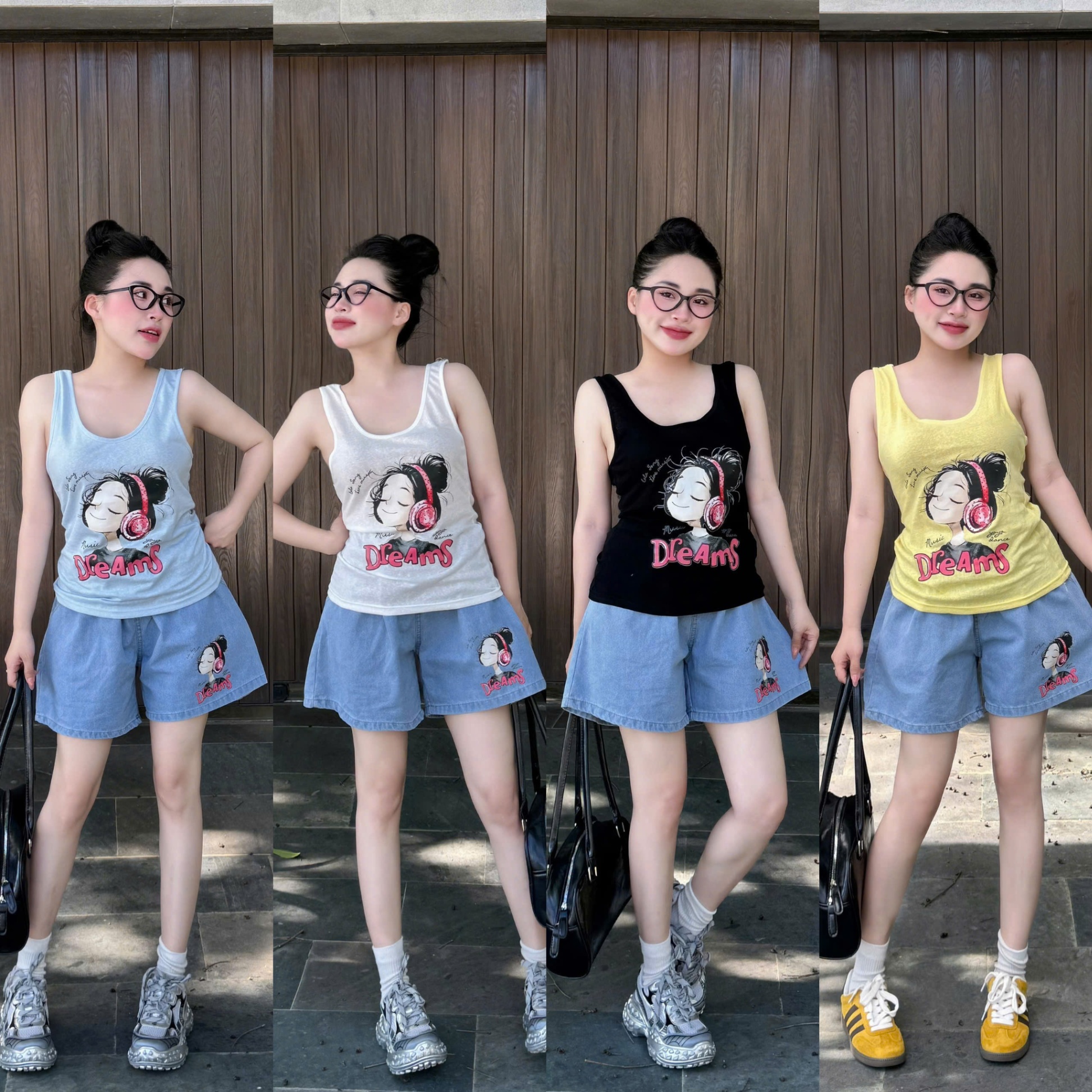 B18186 Bộ áo sát nách cô gái mix quần jean