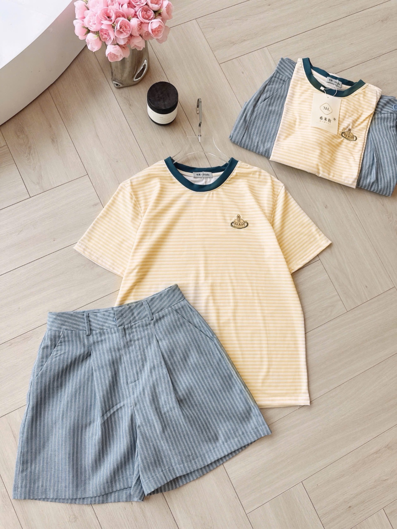 S18212 Set bộ kẻ áo phối thêu