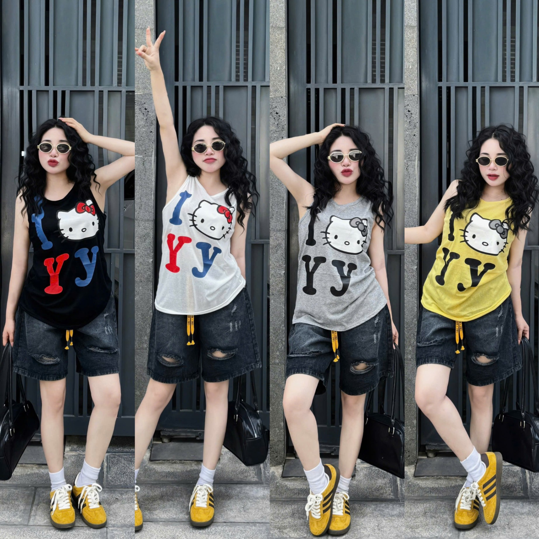 S18237 Set áo sát nách hello mix quần ngố jean phom thụng dây vàng