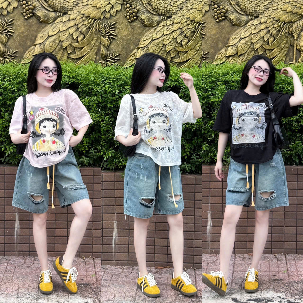S18245 áo ren bướm mix quần dây vàng