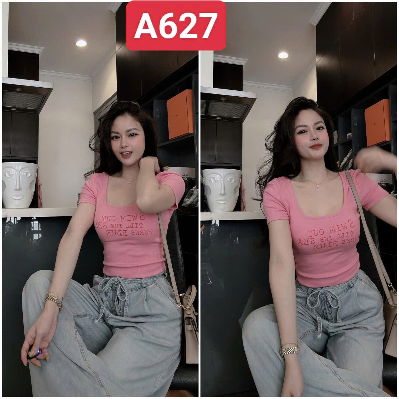 S18278 SET jean áo thun giấy IN CHỮ SWIM OUT